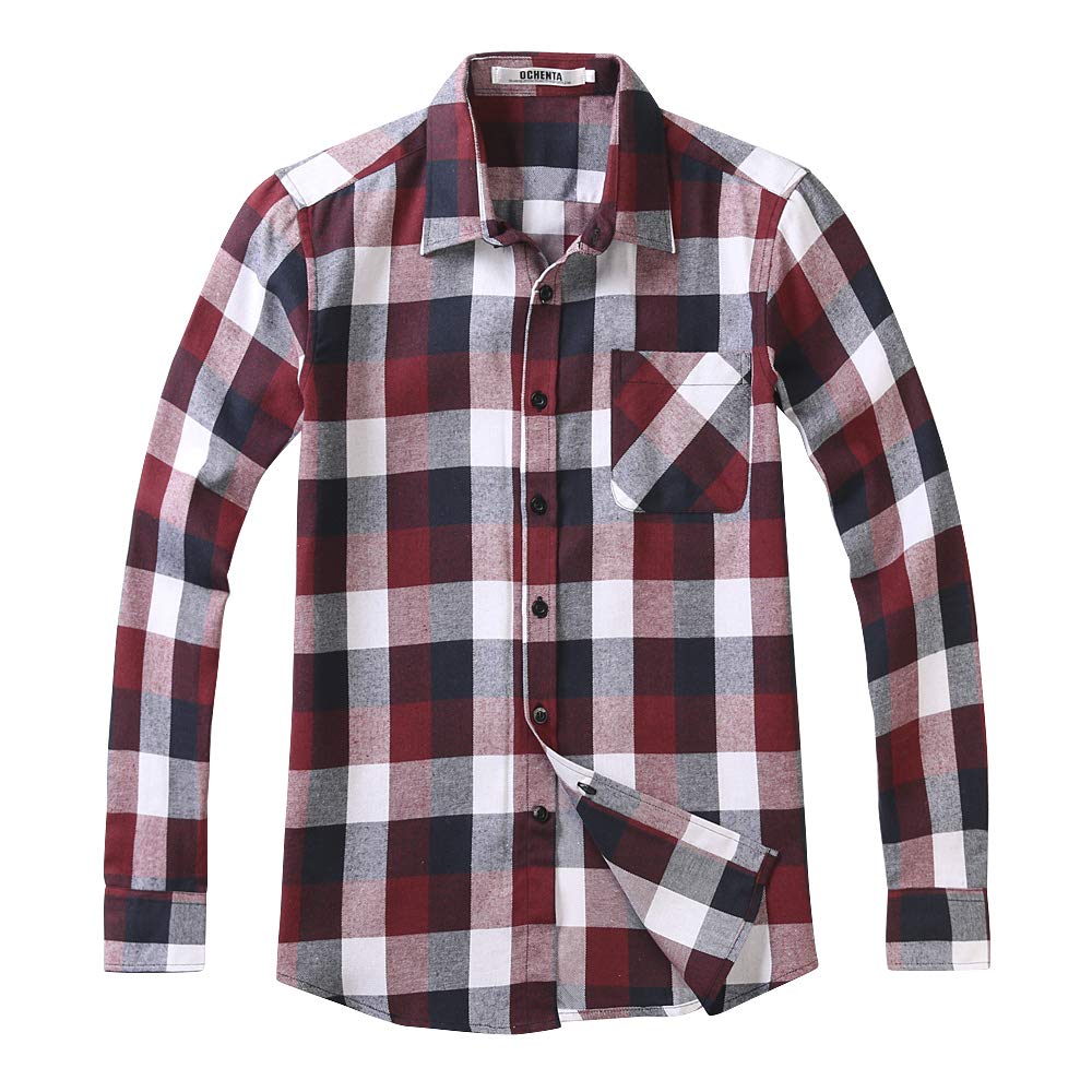 OCHENTA Men's & Boys' Long Sleeve Button Down Plaid Flannel Shirt