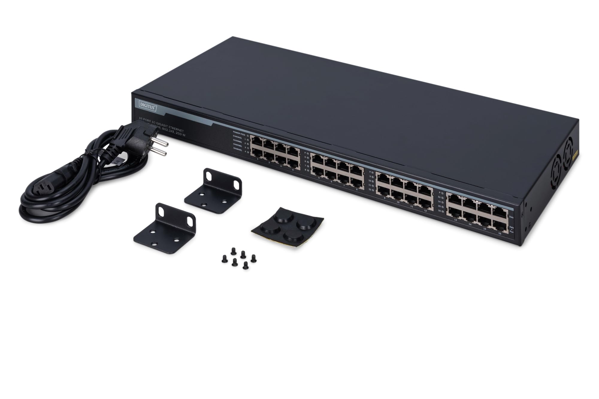 DIGITUS PoE+ Injecteur - 16 ports - IEEE802.3at - 10 Gbit/s - rack 19 pouces - 250 Watt total - jusqu'à 30 Watt/port