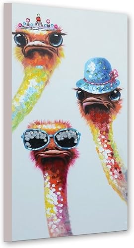 Pintadas a mano, 3 avestruces, bonitas pinturas de animales, divertidas pinturas de avestruz, decoración de pared, lienzo moderno, decoración del