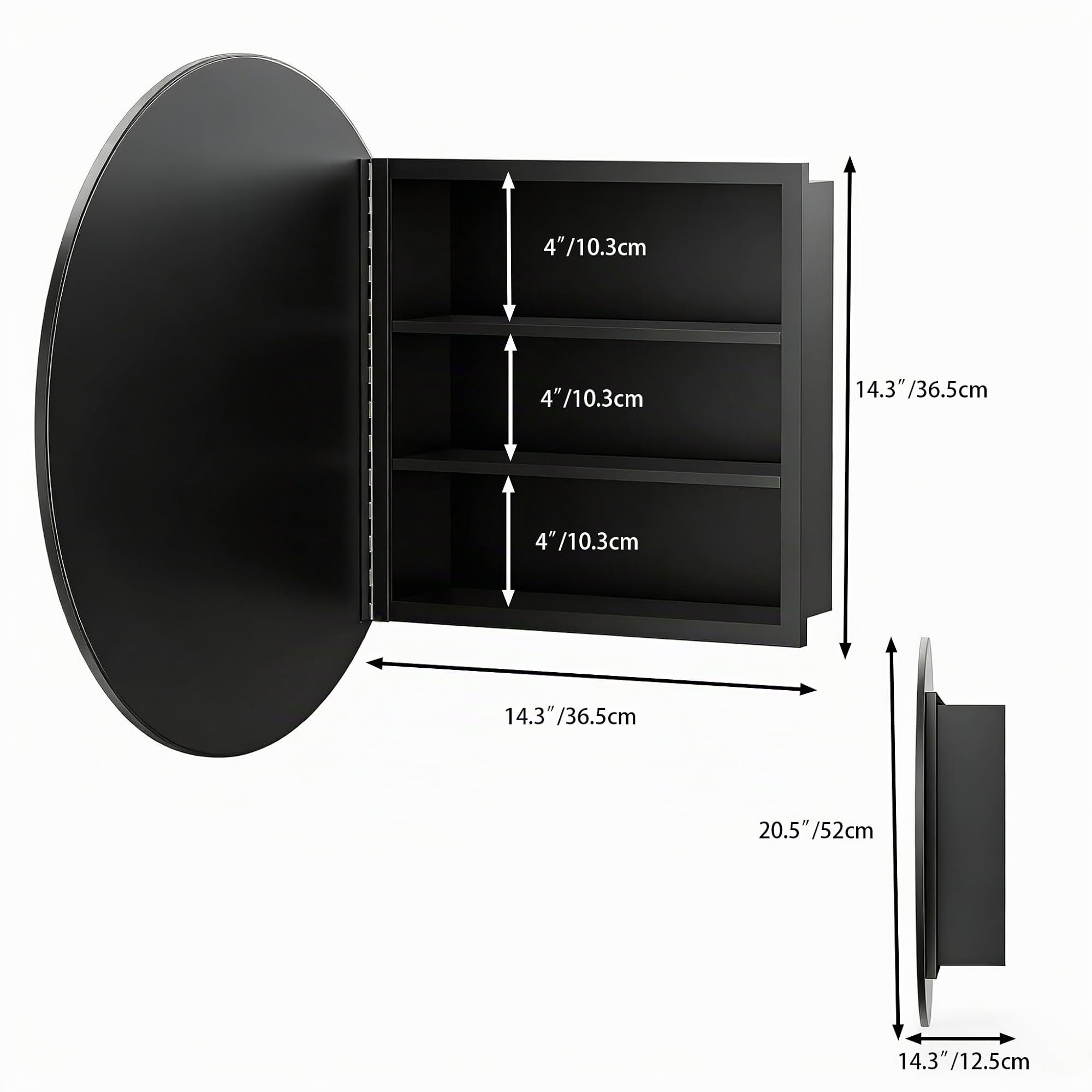 Specchio Bagno Contenitore Rotonda Armadietto Bagno a Parete in Metallo con 2 Mensola Nero (Nessun assemblaggio richiesto) 52 x 52 x 12.5 cm