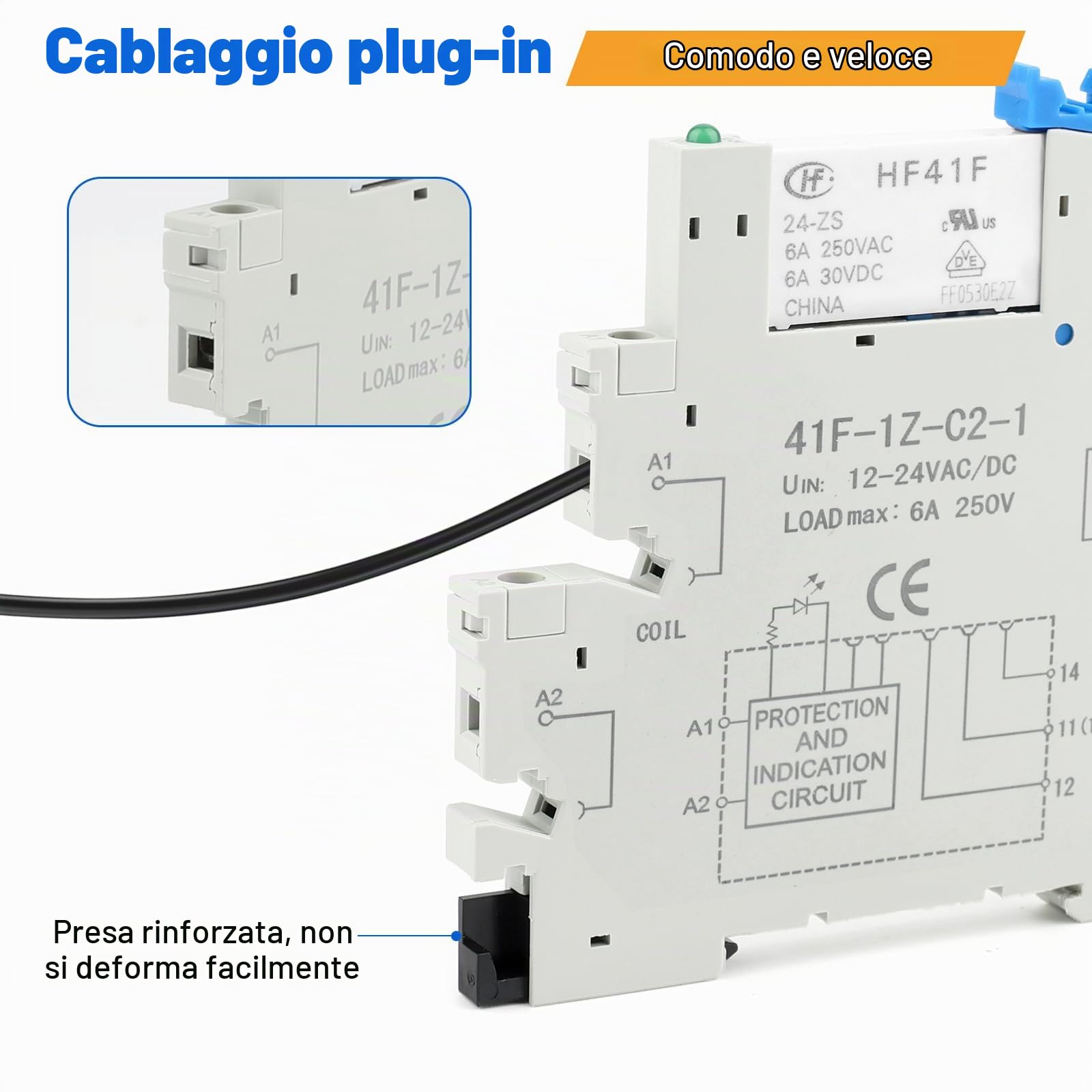 Relè di Segnale DIN 24V per PLC, HF41F/24-ZS 5 pin 1NO 1NC | 6A SPDT con Indicatore LED, Relè 24V CC, Max 6A 250VAC/30VDC(10 pcs)