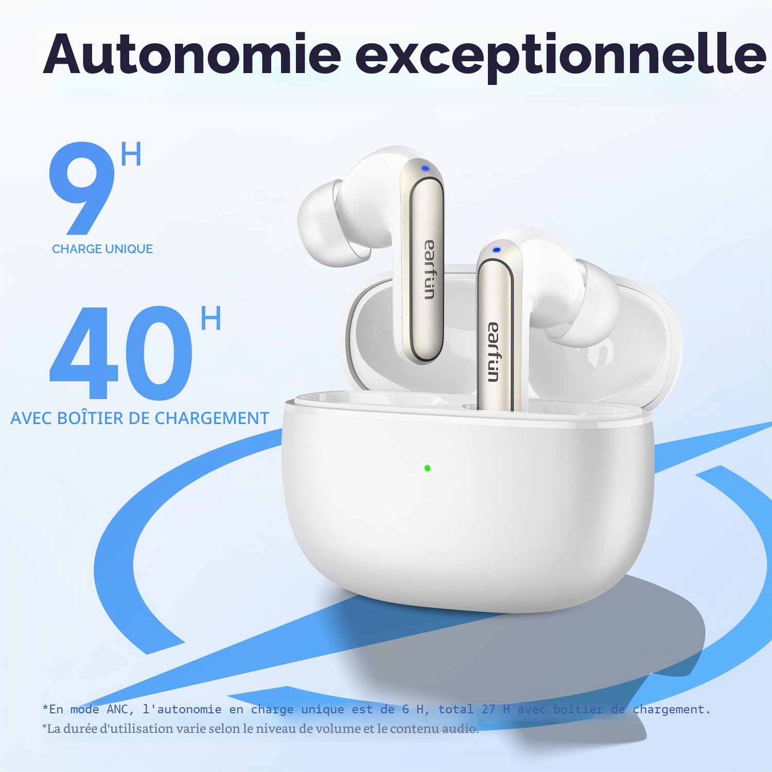 EarFun Air 2 NC Écouteurs sans Fil à Réduction de Bruit Adaptative, 6 Micros AI ENC, Son Hi-Res, LDAC, 40H d’Autonomie, Connexion Multipoint, Confort Optimal, EQ Via App, Google Fast Pair, Blanc