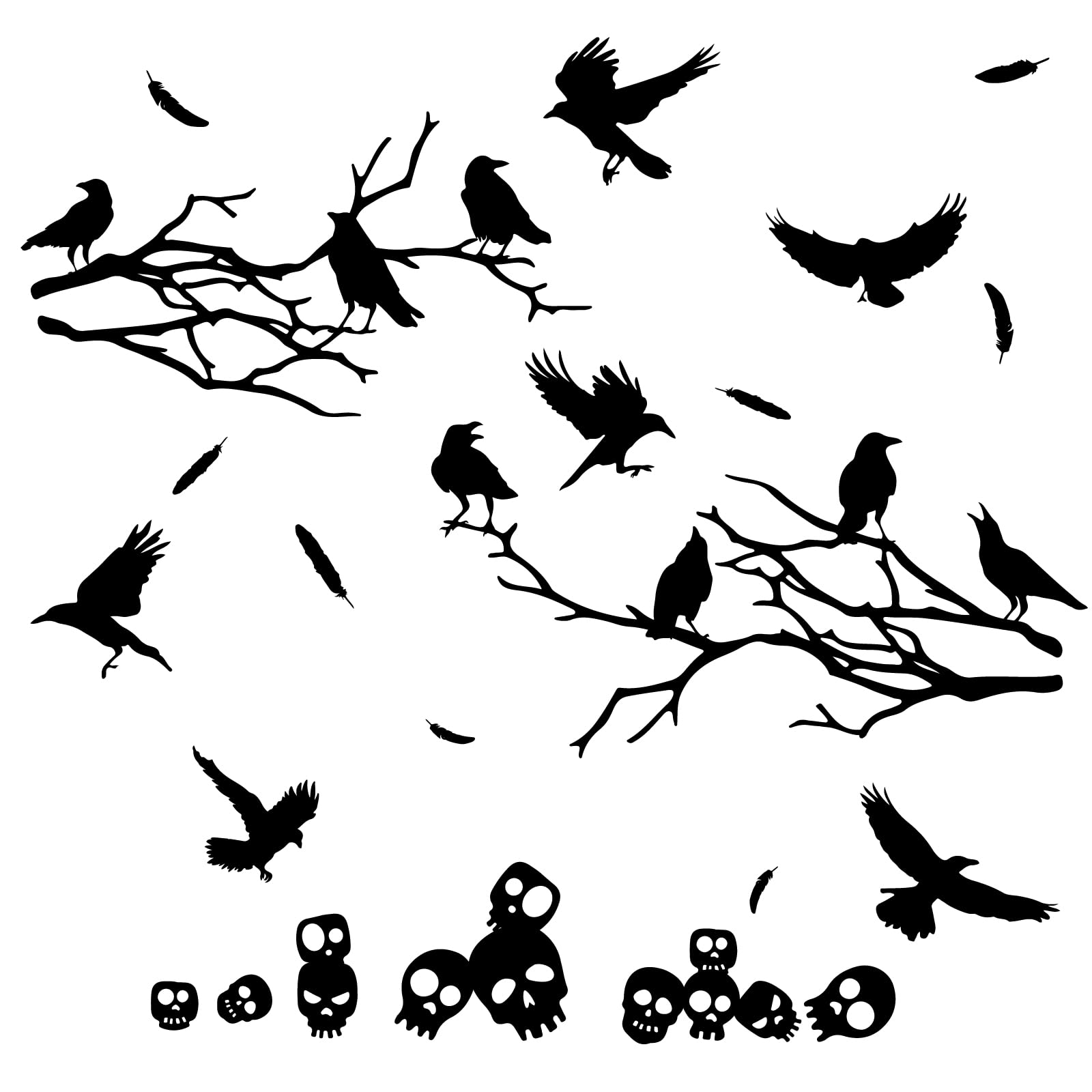 PLIGREATPLIGREAT Black Skull Raven Birds Tree Branches Wall Stickers Halloween Wall Decal for Home Living Room Halloween Party Wall Decoration DIY Wall Art Decor Gift Shop Store Cafe Window Decor