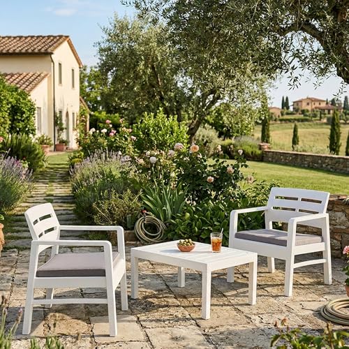 Dmora - Ensemble de salon d'extérieur Benevento, Composition de jardin avec 2 fauteuils et 1 table basse, Salon intérieur et extérieur avec coussins, 100%...