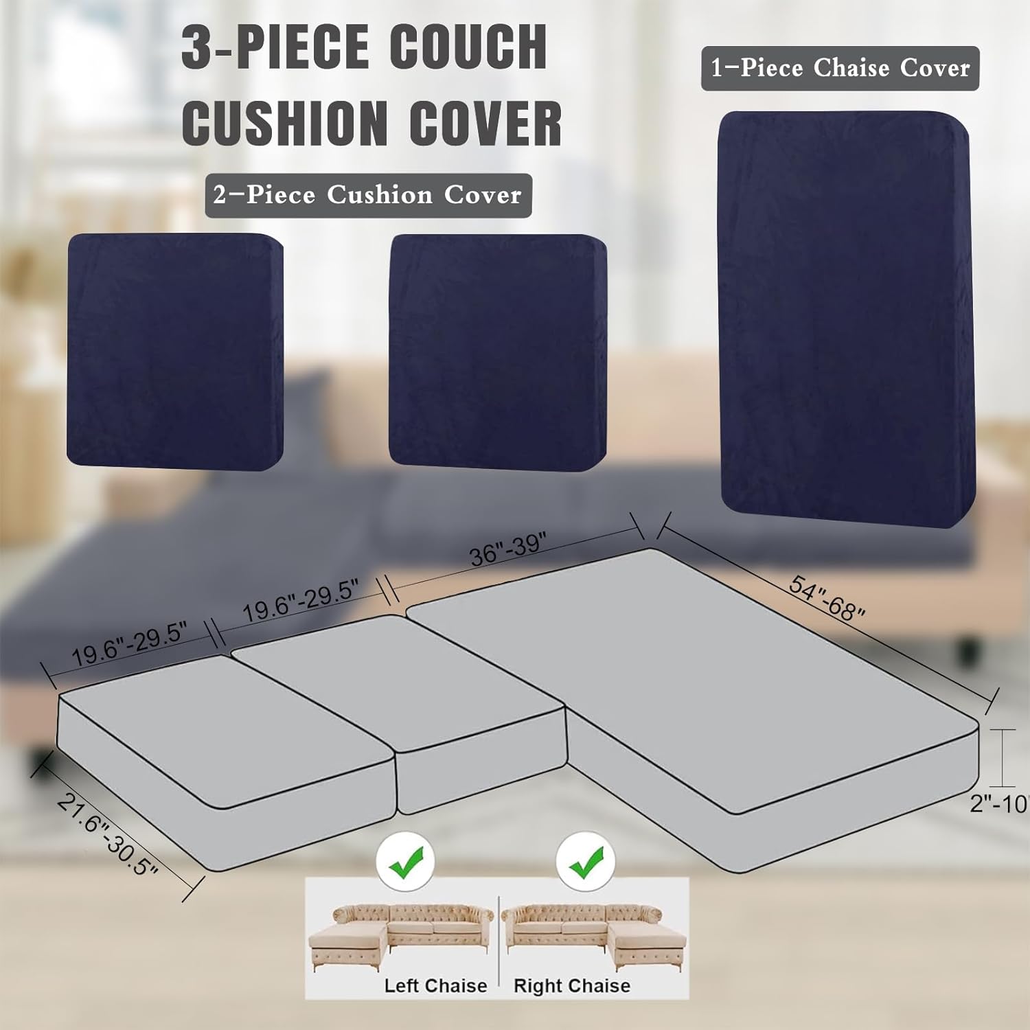 ANARACHON Sectional Couch Cushion Covers 3 Pieces Velvet Separate L Shape Couch Cover Stretch Sofa Slipcover Washable (2 Seater+1 Chaise,Dark Navy)