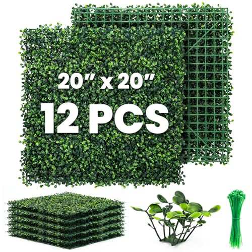 Ticanros Grass Wall Panel 12 Pack 20"x20" Artificial Boxwood Hedge Plant Wall, Greenery Walls, Artificial Grass Backdrop, Privacy Hedge Screen Faux Boxwood for Outdoor,Indoor,Garden,Fence,Backyard