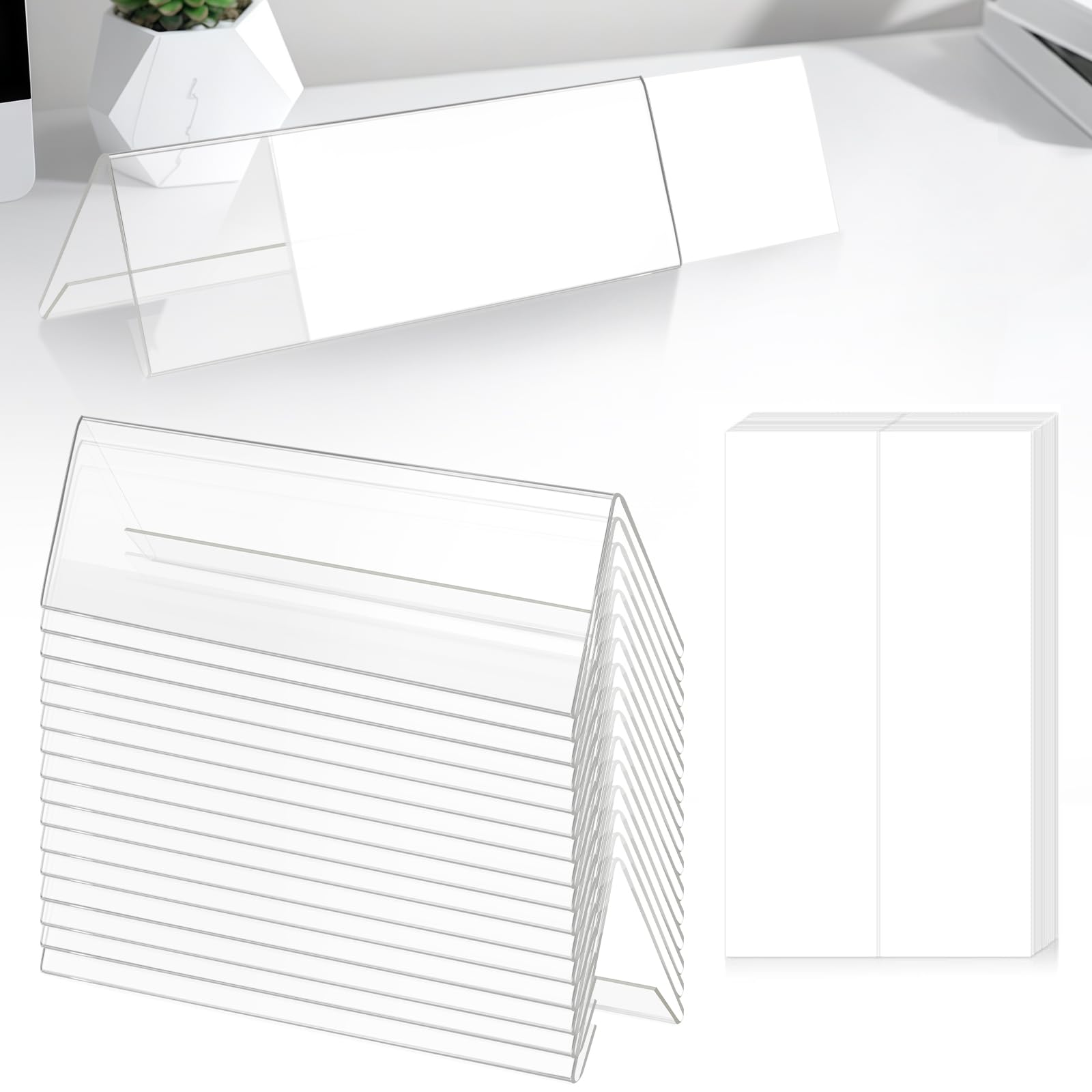 Pack of 20 Acrylic Table Place Name Holders with Blank Inserts 210x61mm, Double Sided Transparent Display Stand, for Meetings, Conferences, Office Desk, Cards Restaurant Table Numbers, Wedding Place