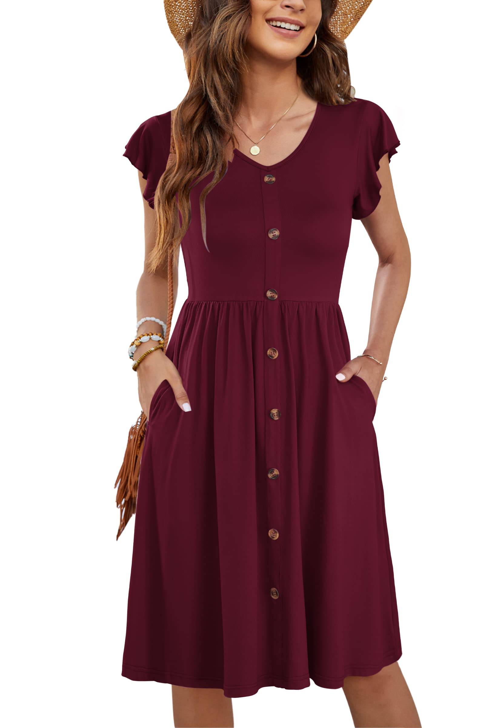 MOLERANI Damen Sommerkleider Rüschen Ärmel V-Ausschnitt Casual Swing Elastische Taille Midi Kleid mit Taschen S-2XL