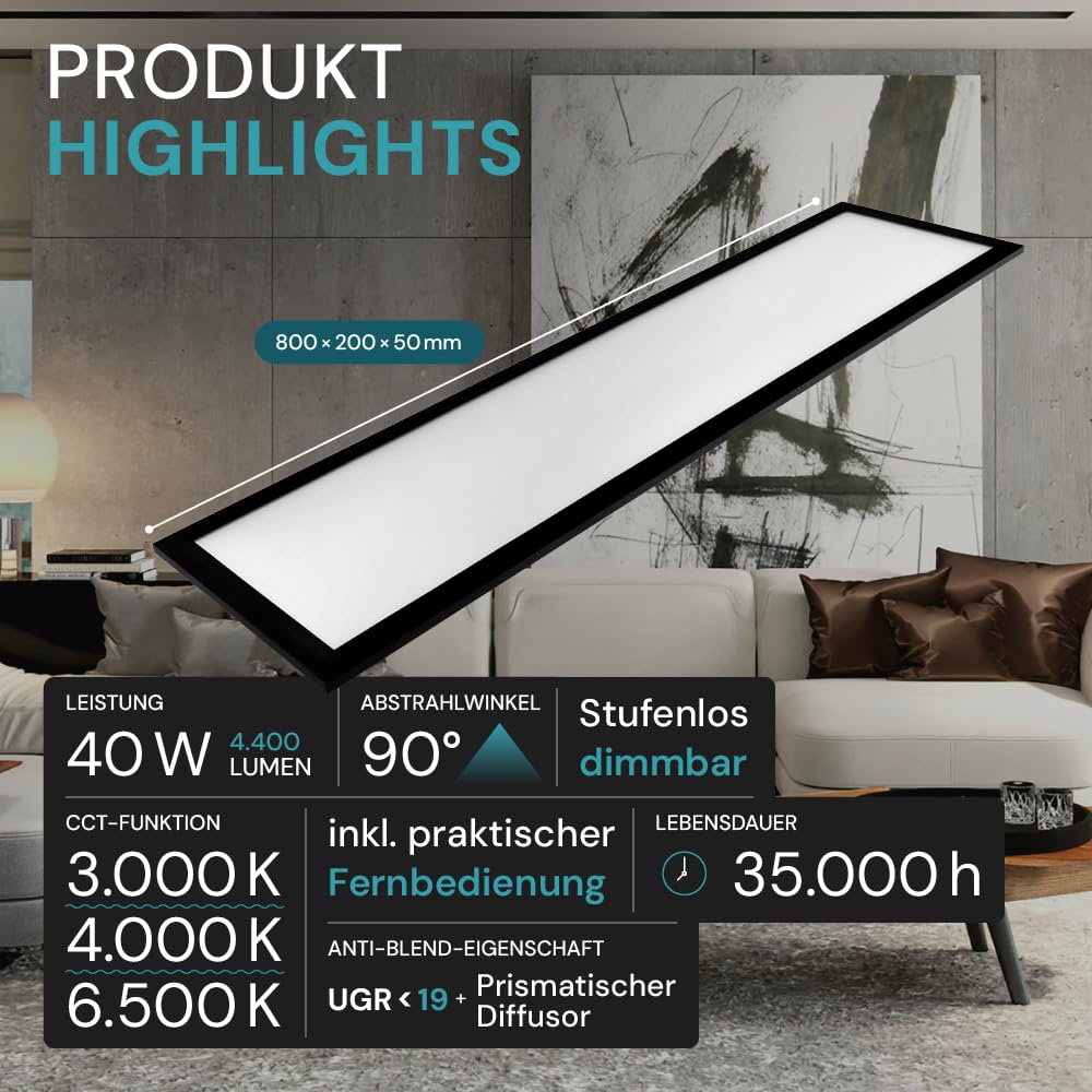 LUXULA 5er Pack LED Panel 80x20cm Schwarz, 40W 4400lm, 3000-6500K dimmbar, Deckenlampe LED mit Fernbedienung, UGR<19 blendfrei, Deckenpanel dimmbar, Deckenleuchte flach, Deckenlampe lang