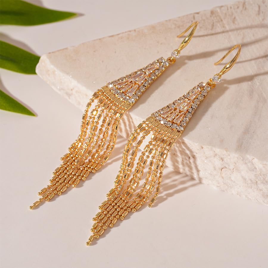 Triangle Rhinestone Chandelier Dangle Earrings for Women Gold Long Tassel Dangle Earrings Punk Long Threader Earrings for Woman Wedding Bridesmaid Prom Party4