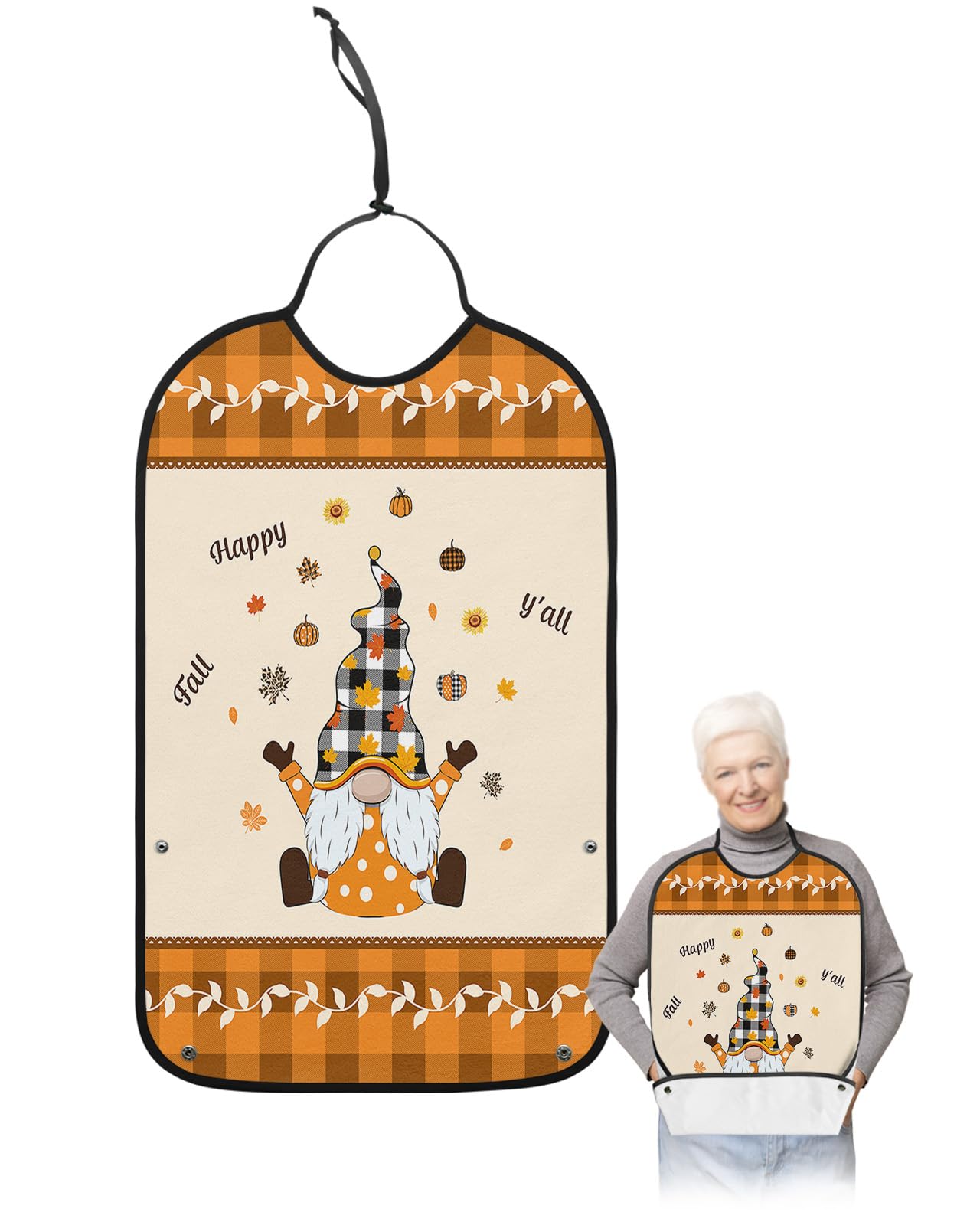 Thanksgiving Gnomes Adult Bibs for Eating, Waterproof Bibs with Food Catcher & Adjustable Snap Closure, Orange Plaid Pumpkin Fallen Leaves Washable Clothing Protectors Adult Bibs for Elderly Women/Men