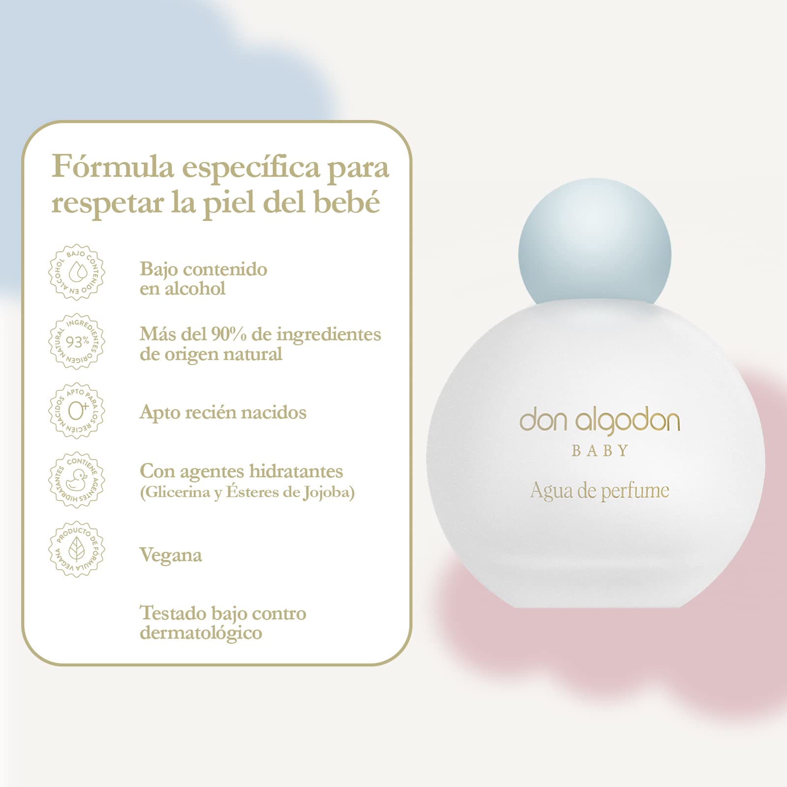 Don Algodon Baby Acqua di profumo cotone Eau de Parfum adatta neonati, 93% naturale, vegana, con agenti idratanti, 1 pezzo, 100 ml