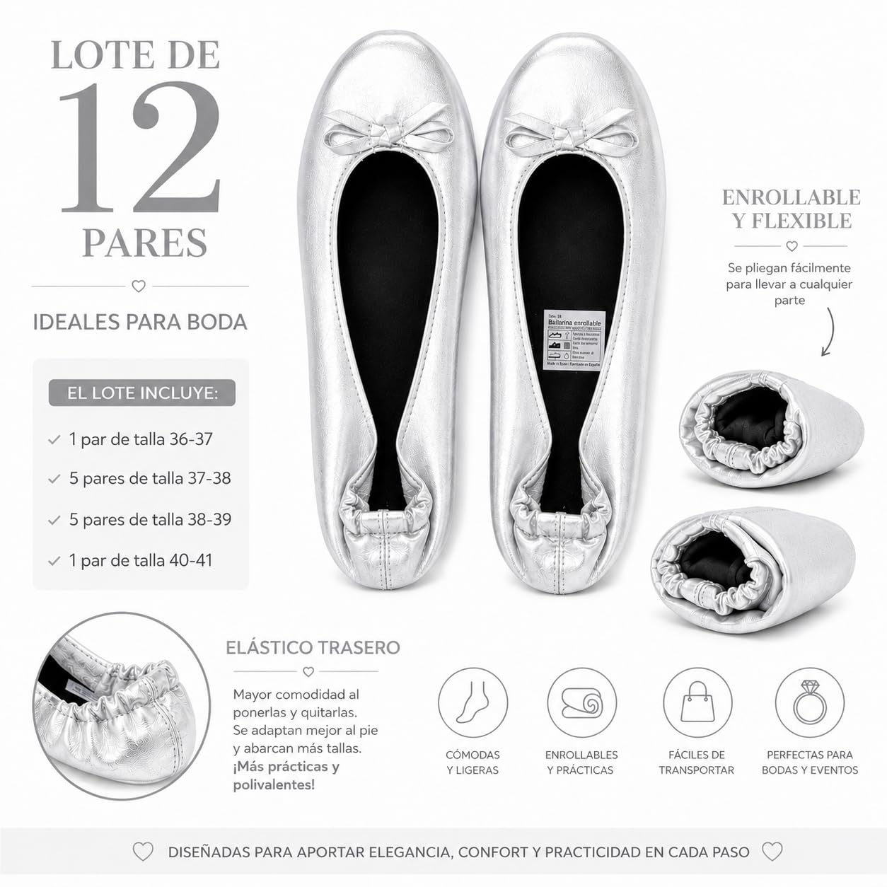 Genérico 12 Pares Manoletinas Plegables Color Gris Plata | Ideales para Boda