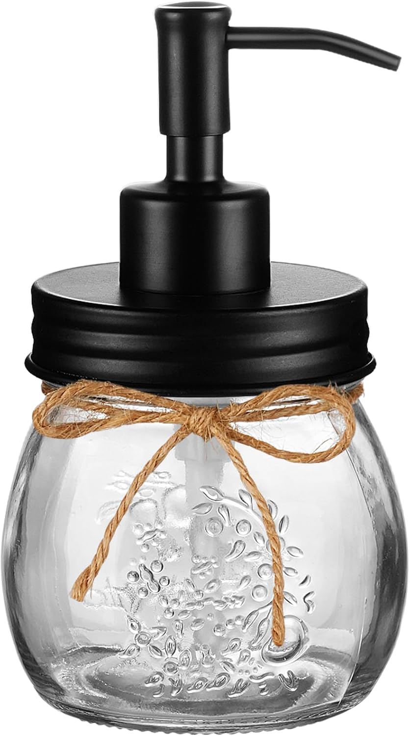 Amolliar 10oz Mason Jar Soap Dispenser with Stainless Steel Pump - Rustproof Farmhouse Decor for Kitchen Bathroom, Black Refillable Lotion Dish Soap Pump
