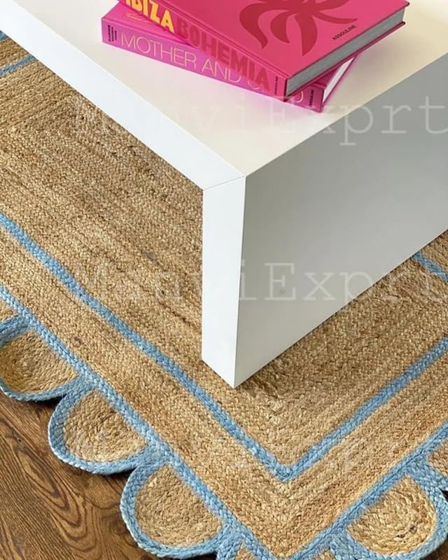 Miniatura 4 de Manvi Exports - Alfombra festoneada de yute natural turquesa, alfombra bohemia decorativa tejida a mano, alfombra decorativa personalizada (TUR) -