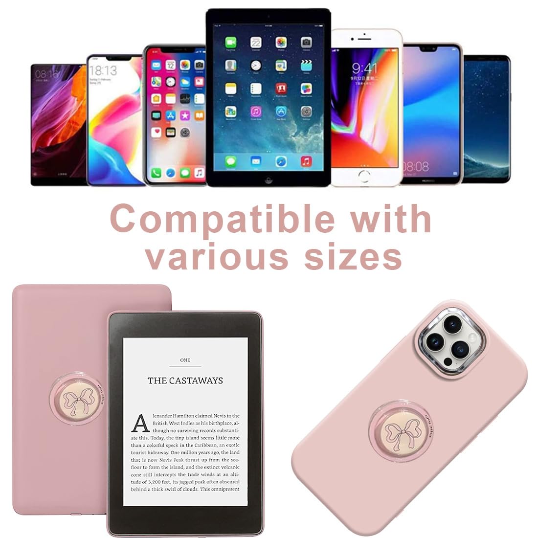 Supporto Magnetico Kindle con Nodo Fiocco Rosa, Impugnatura & Supporto Pieghevole, per Smartphone E-Reader & Tablet, Accessorio Telefono