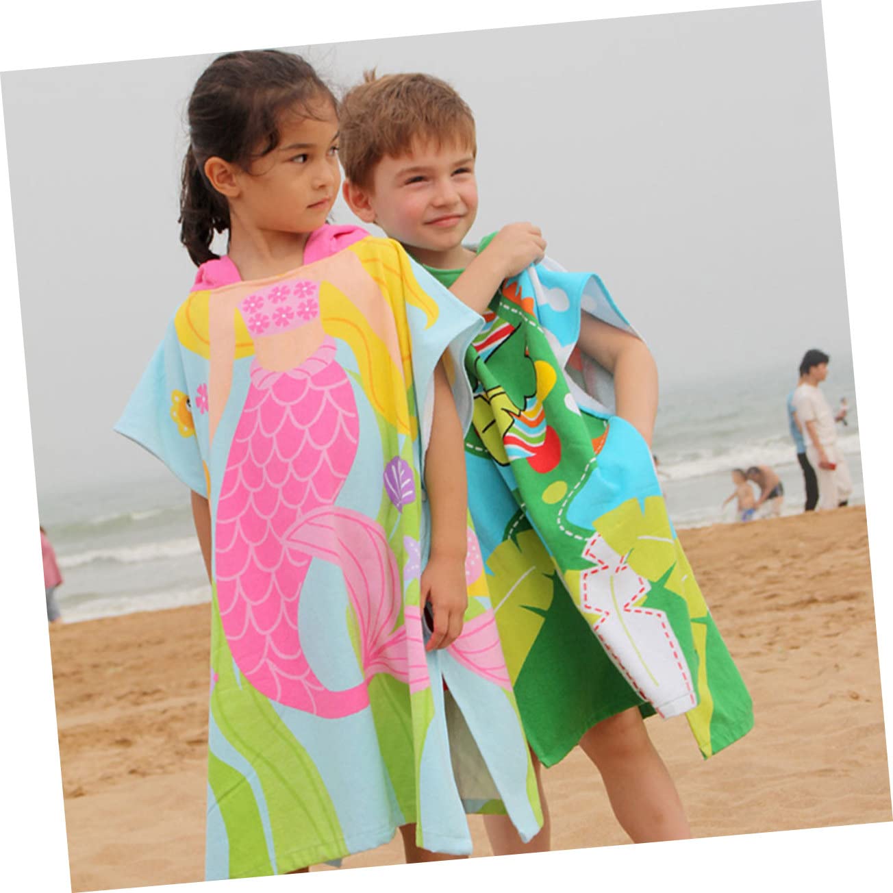 Cape de Plage pour Garçon et Filles en Coton, Capuche, Motif Sirène Rose | Modèle Portable Léger, Maintien Ferme, Style Cartoon, pour Garçons et Filles à Plage