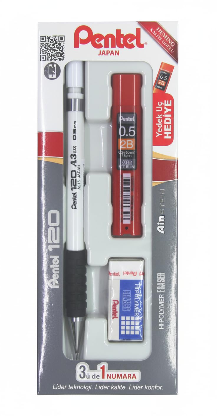 PENTEL 120A3 (wersje + gumka + min) 3-pak biały