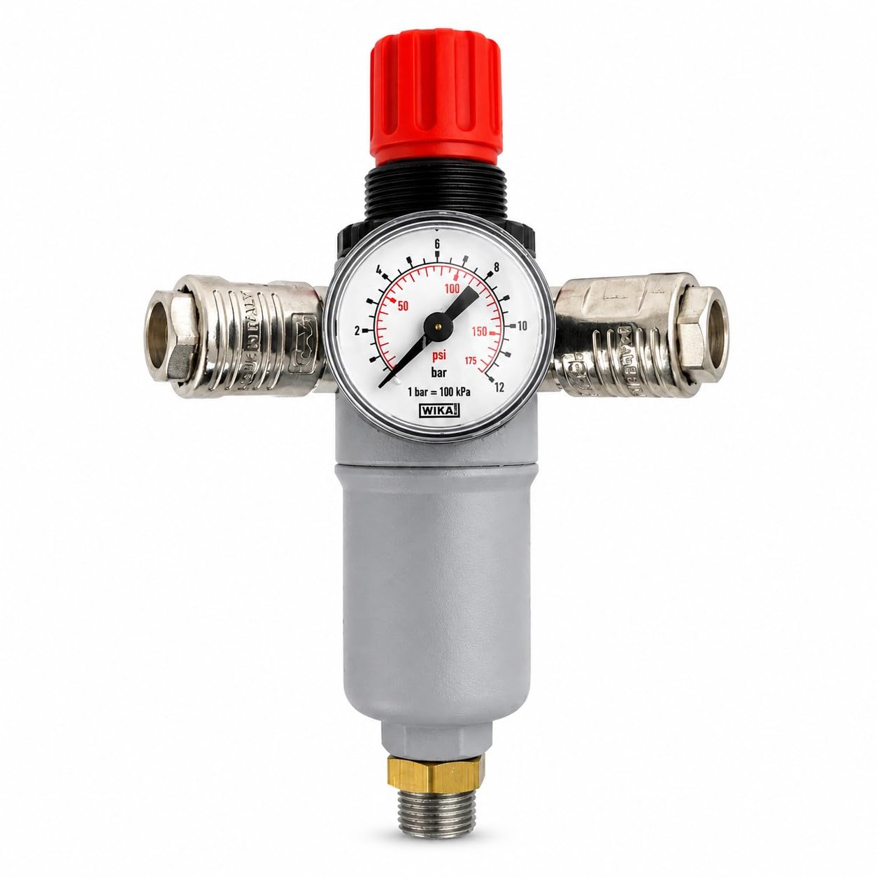 Regolatore di Pressione per Compressore con Filtro Aria Manometro 2 Uscite Universali Raccordo 3/8" Maschio 12 Bar 180 L/min