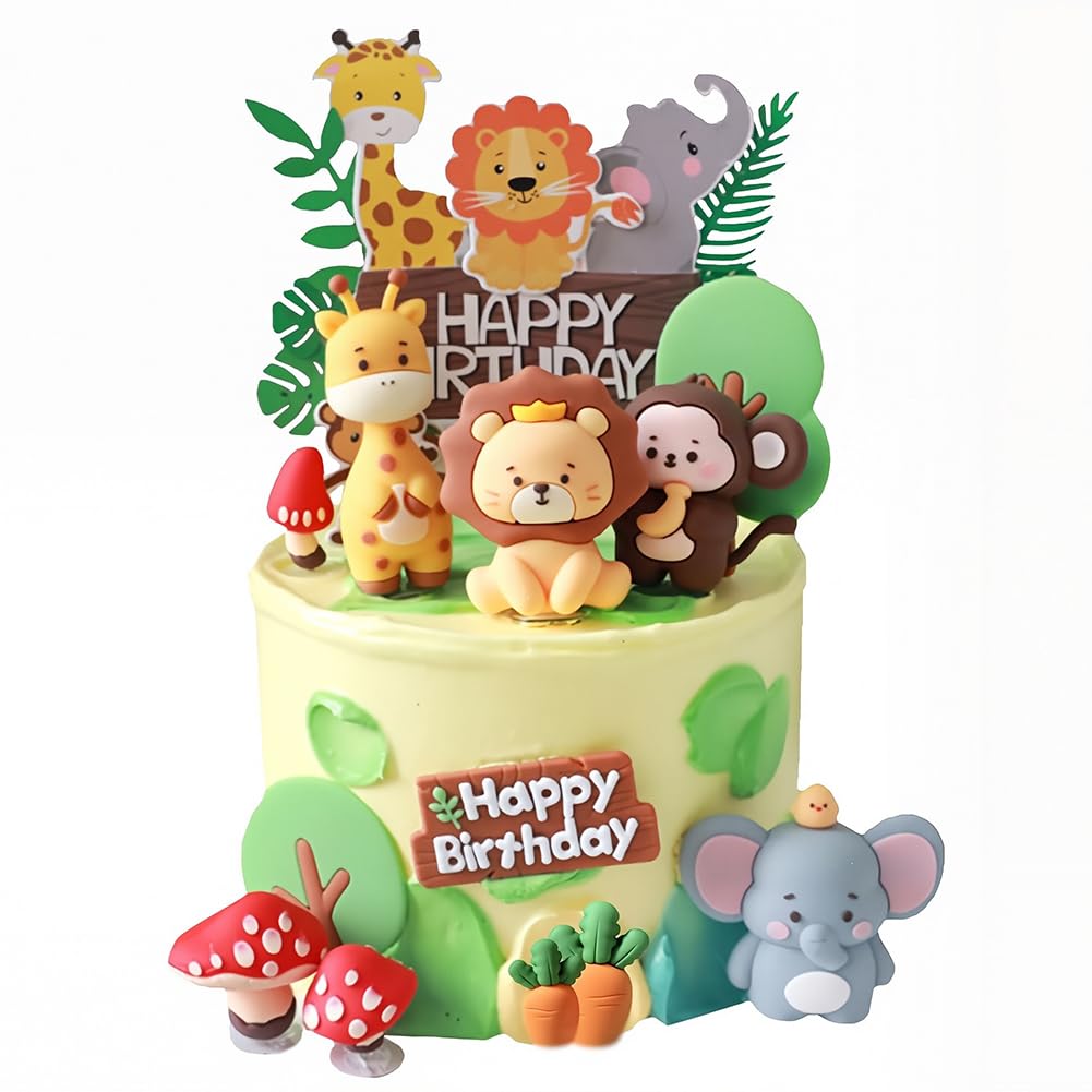 10PCS Jungle Animal Cake Toppers Set, 3D Safari Animals Birthday Cake Decorations with Lion Monkey Giraffe Elephant,Happy Birthday Signs for Boys Girls Shower Party Supplies