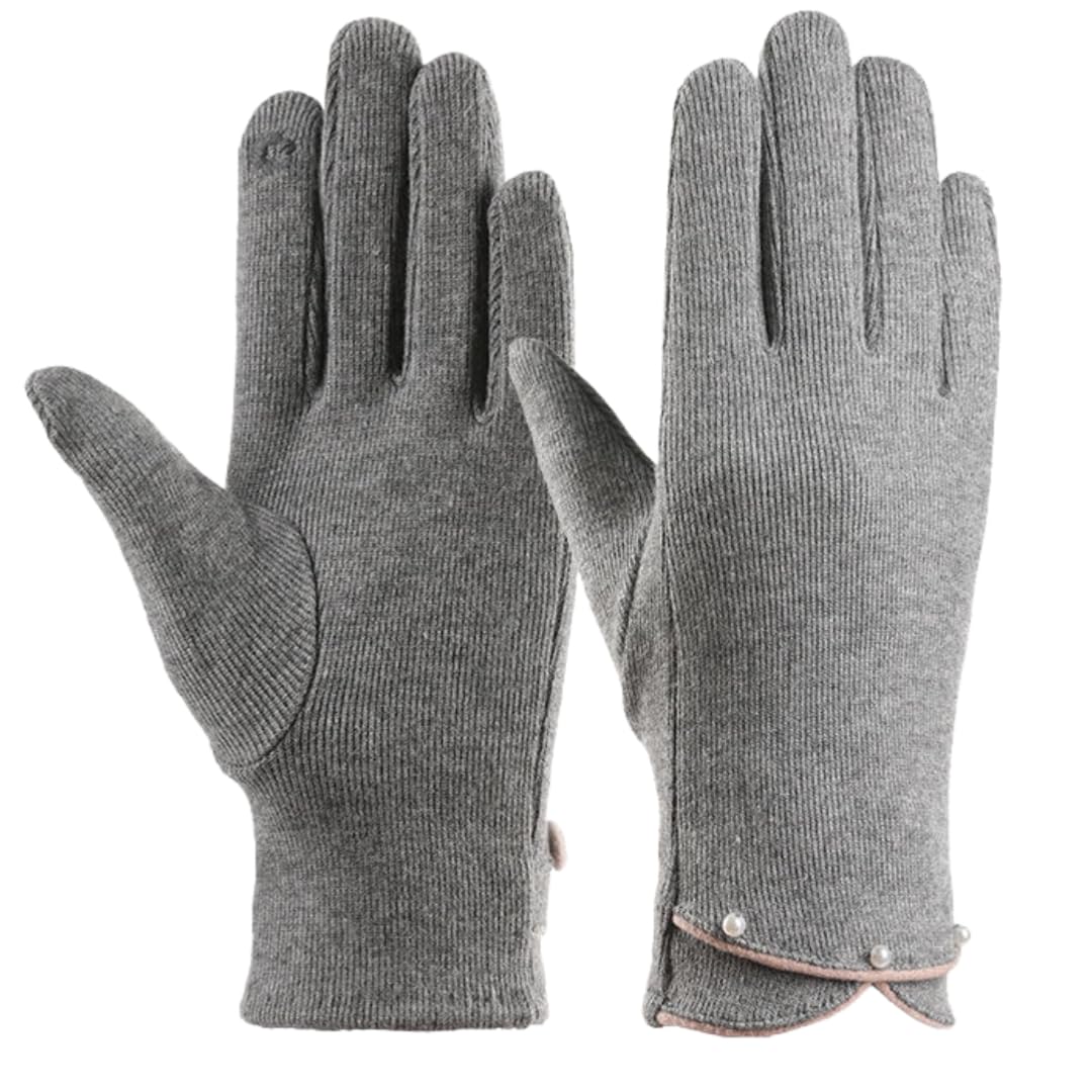 Yisenjee Women's Grey Winter Gloves Elegant Warm Pearl Decorated Stretch Touchscreen Thin Gloves