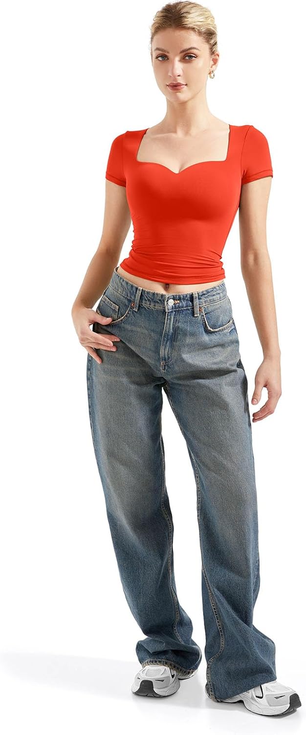 SUUKSESS Women Double Lined Fitted Basic Tee Sweetheart Neck Short Sleeve Y2K Crop Top - Image 4