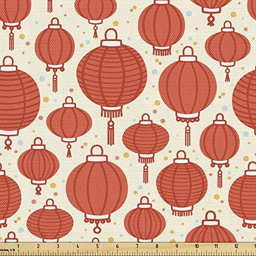 Lunarable Oriental Fabric by The Yard, Folk Lamps Cartoon Style Cheerful Pattern with Chinese Ethnicity, Decorative Fabric for Upholstery and Home Accents, 1 Yard, Pale Yellow and Vermilion