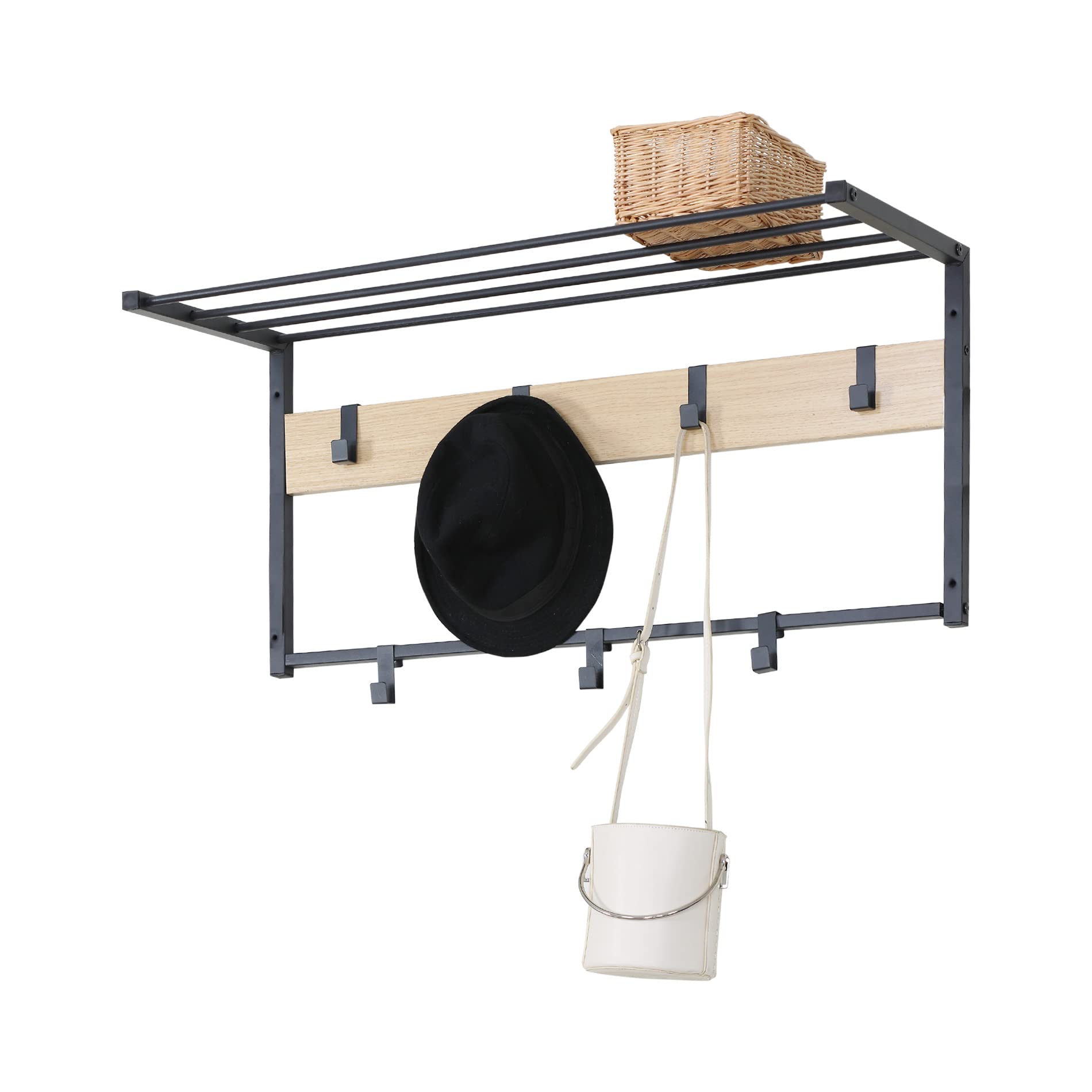 Rebecca Mobili Attaccapanni Da Parete Con Ripiano, Appendiabiti Mensola Da Appendere, Metallo Truciolato, Nero Beige, Ingresso Bagno - Misure: 45 x 80 x 30 cm (HxLxP) - Art. RE6748