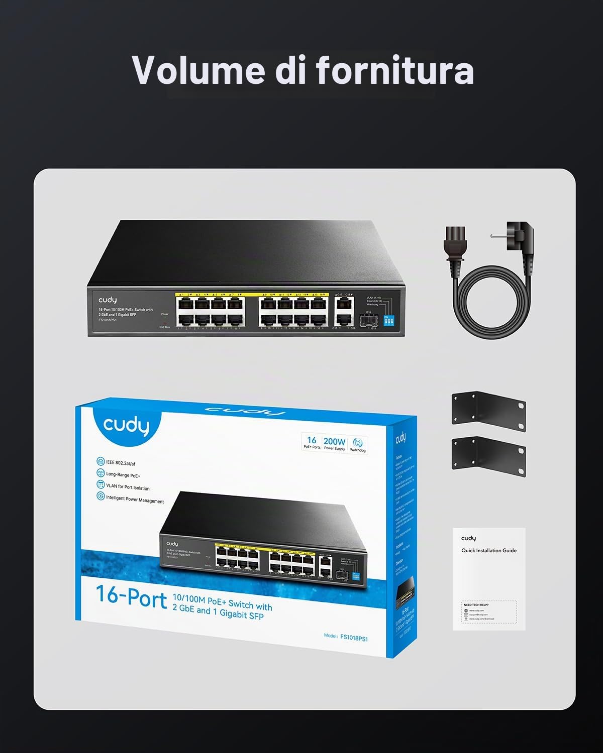 Cudy FS1018PS1 Switch PoE+ 16 porte con 2 collegamenti montanti Gigabit e porte SFP 200 W, 16 PoE+ a 200 W, modalità Extend/VLAN, 802.3af/at, Fanless, Watchdog, Plug and Play | 200W Power Budget, IEEE 802.3af, Modo Estensione CCTV 250m, PD Watchdog, Isola