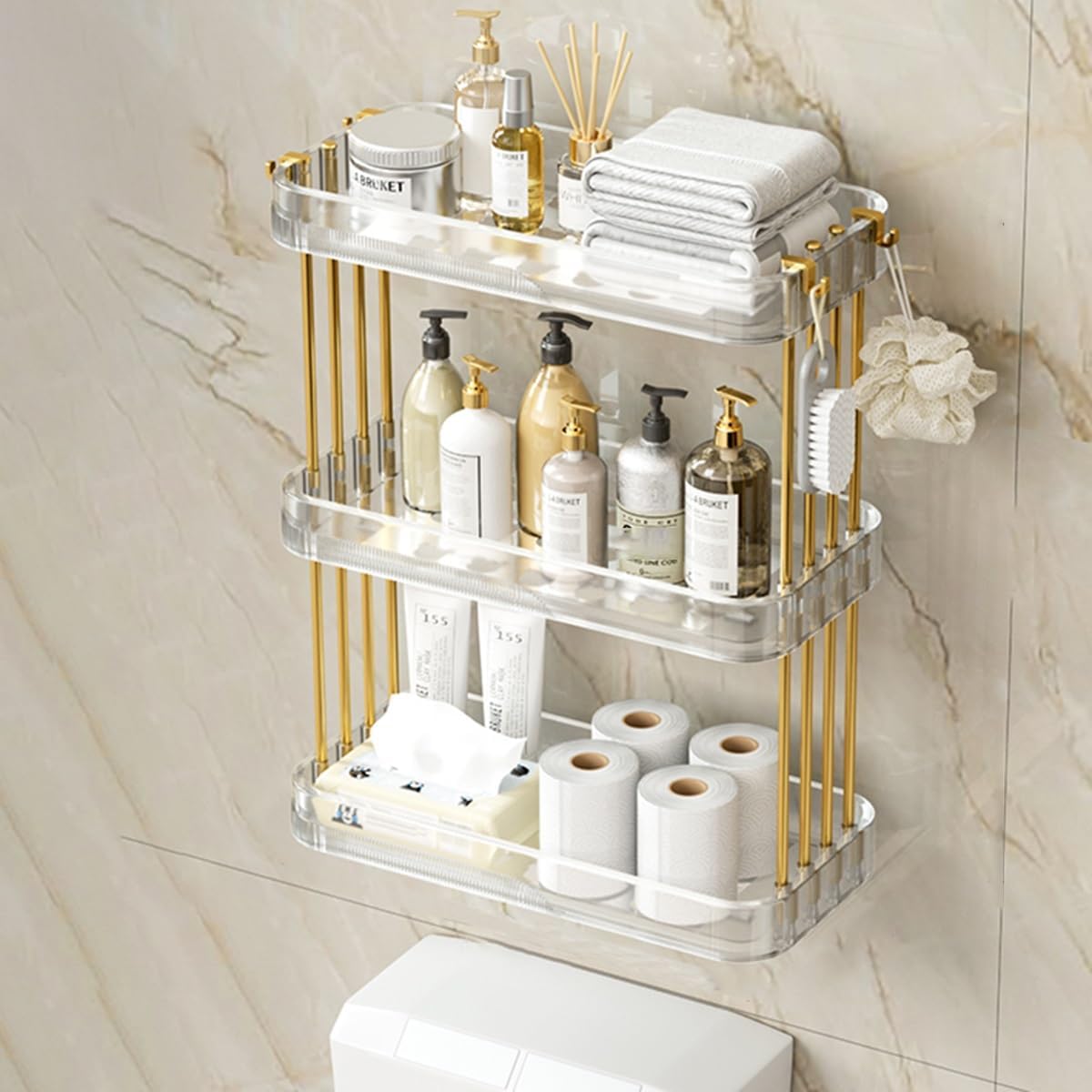 Over The Toilet Organizer, Over Toilet Storage Rack with Metal e, Above Toilet Bathroom Organizer for Space Savers, Bathroom Shelf No Drilling with Hooks (Color : /Clear, Size : 3-Tier) (/Clear