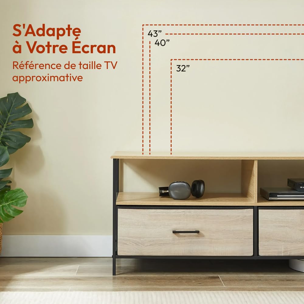 CASABEL Meuble TV 120 cm en métal Noir et Bois, Meuble de Salon avec 2 tiroirs en Tissu Rigide et étagères Ouvertes, Meuble Télé Solide, Design Pratique et résistant