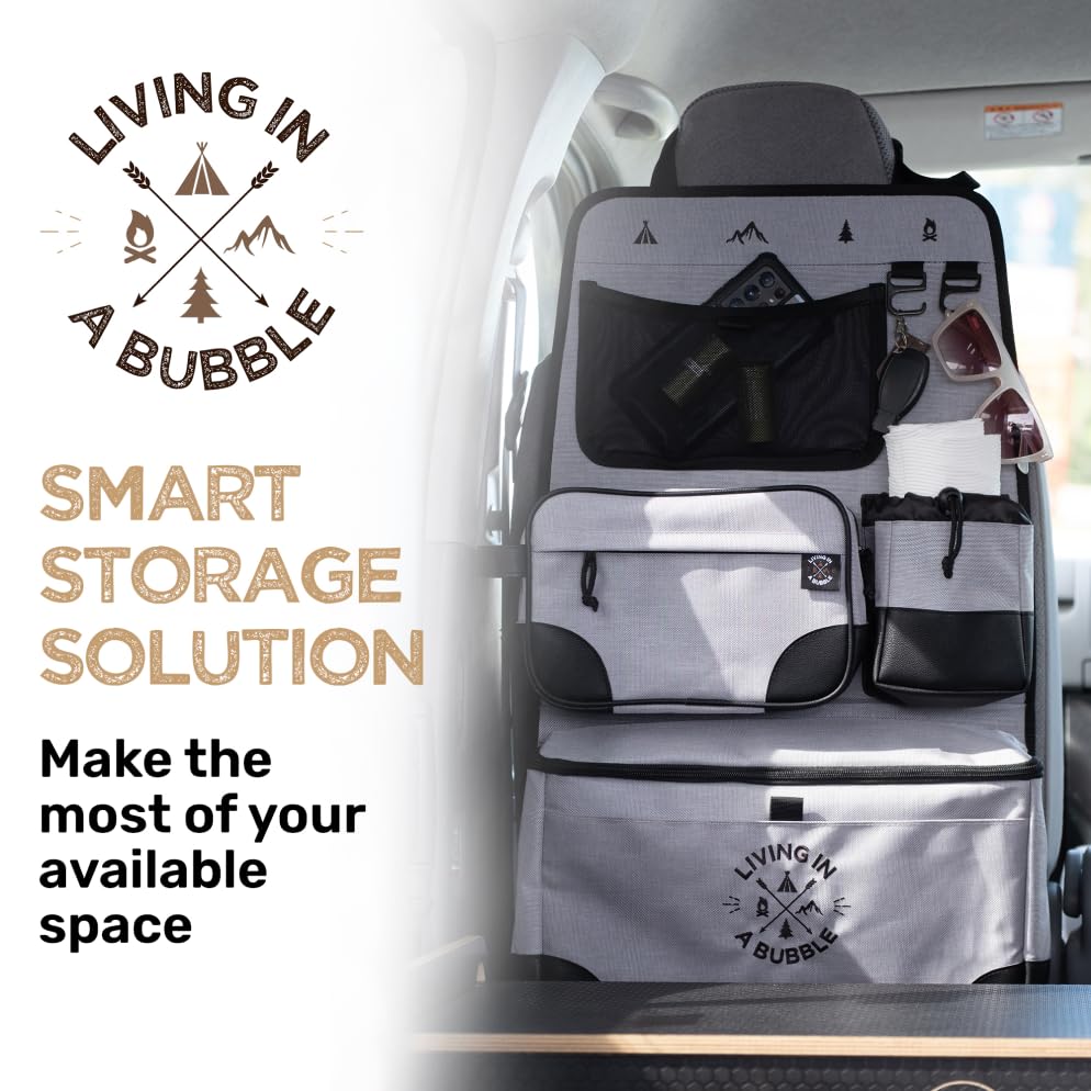 Image of Living in a Bubble Seat back Organizer - Magnetic Toiletry and Cooler Pouch, Cordura Car Backseat Storage with Device Holder & Hooks, Multi-Compartment Utility Bag for Campervans & Family Travel