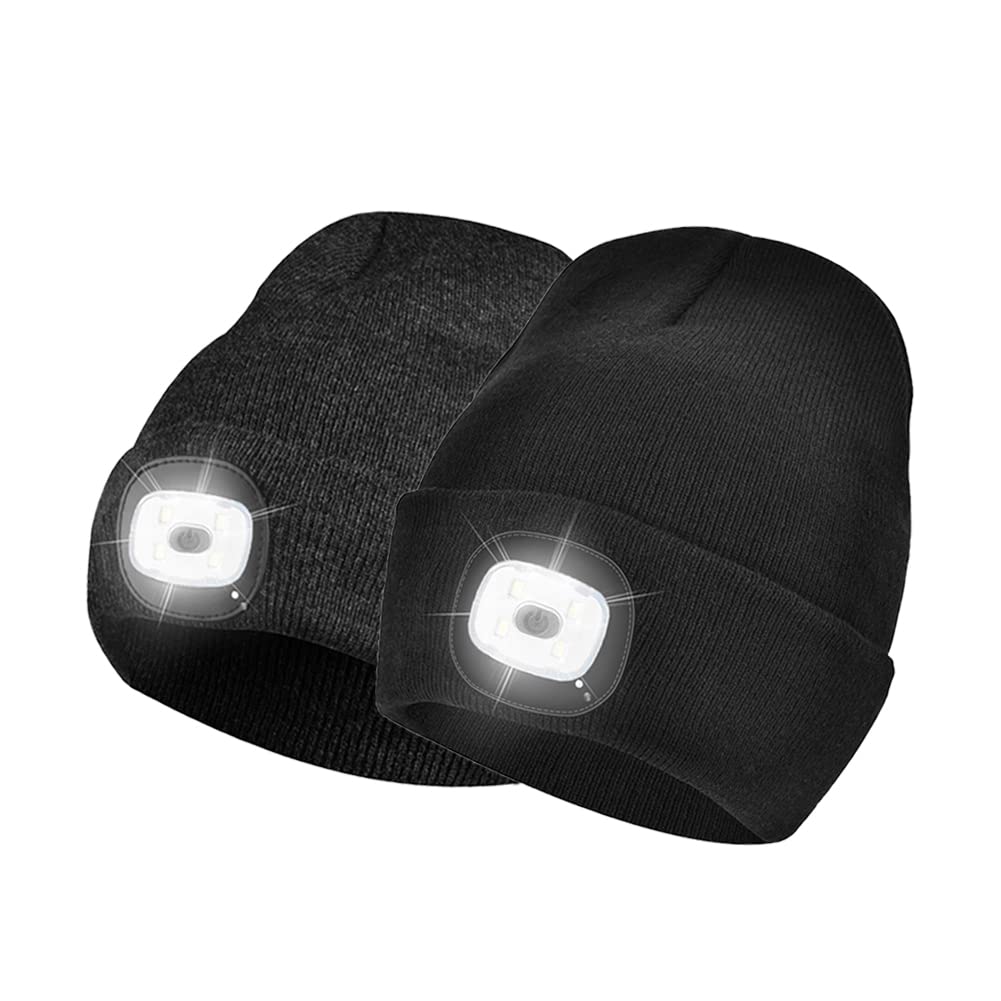 Lesgrod 2 Pack Beanie with Light,Cap with Light Built in,Rechargeable LED Headlamp Hat,Gifts for Men Women Dad (Black+Dark Grey)