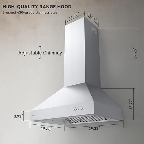 Miniatura 3 de Hermitlux Campana extractora de montaje en pared de 30 pulgadas con ventilador de escape de 3 velocidades, campanas extractoras de acero inoxidable