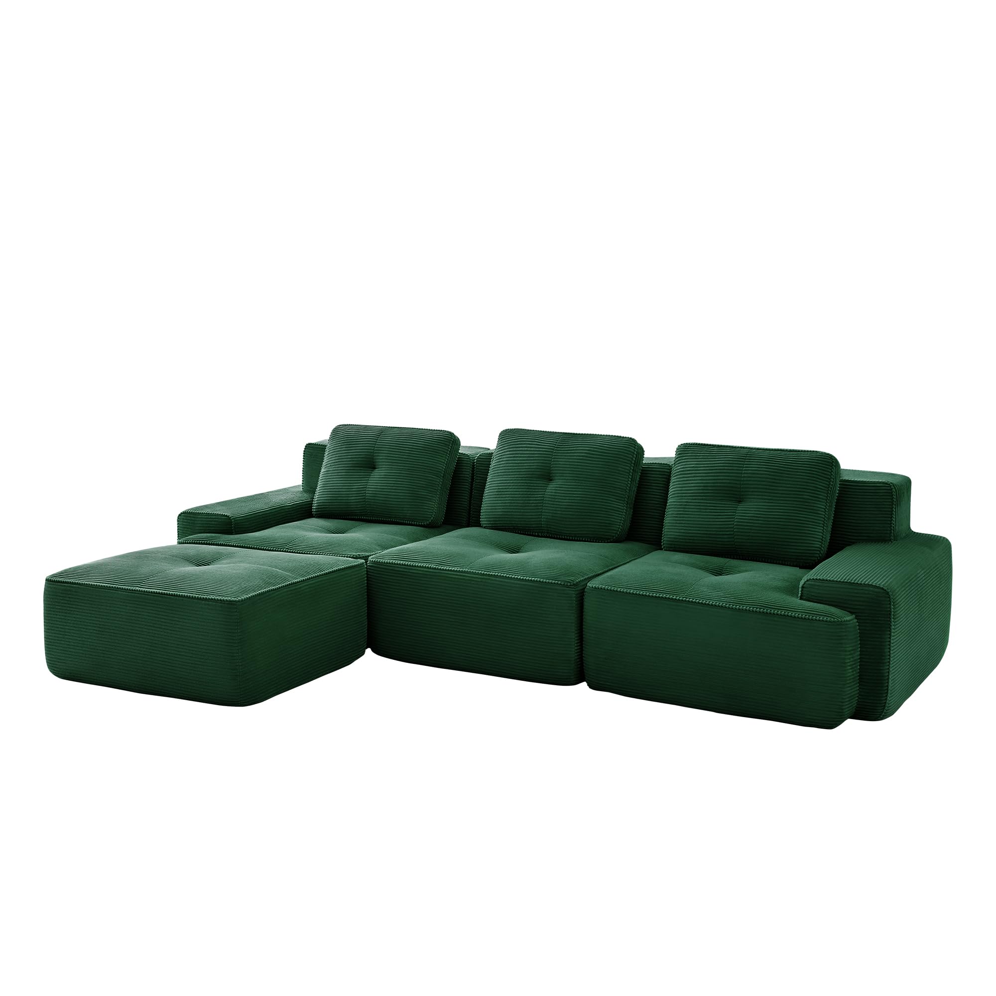 Dolamaní Boneless Sofá modular de 3 plazas + 1 taburete de pana, sin montaje, asiento profundo, moderno en forma de L, sofá esquinero para salón, dormitorio, oficina, apartamento (verde)