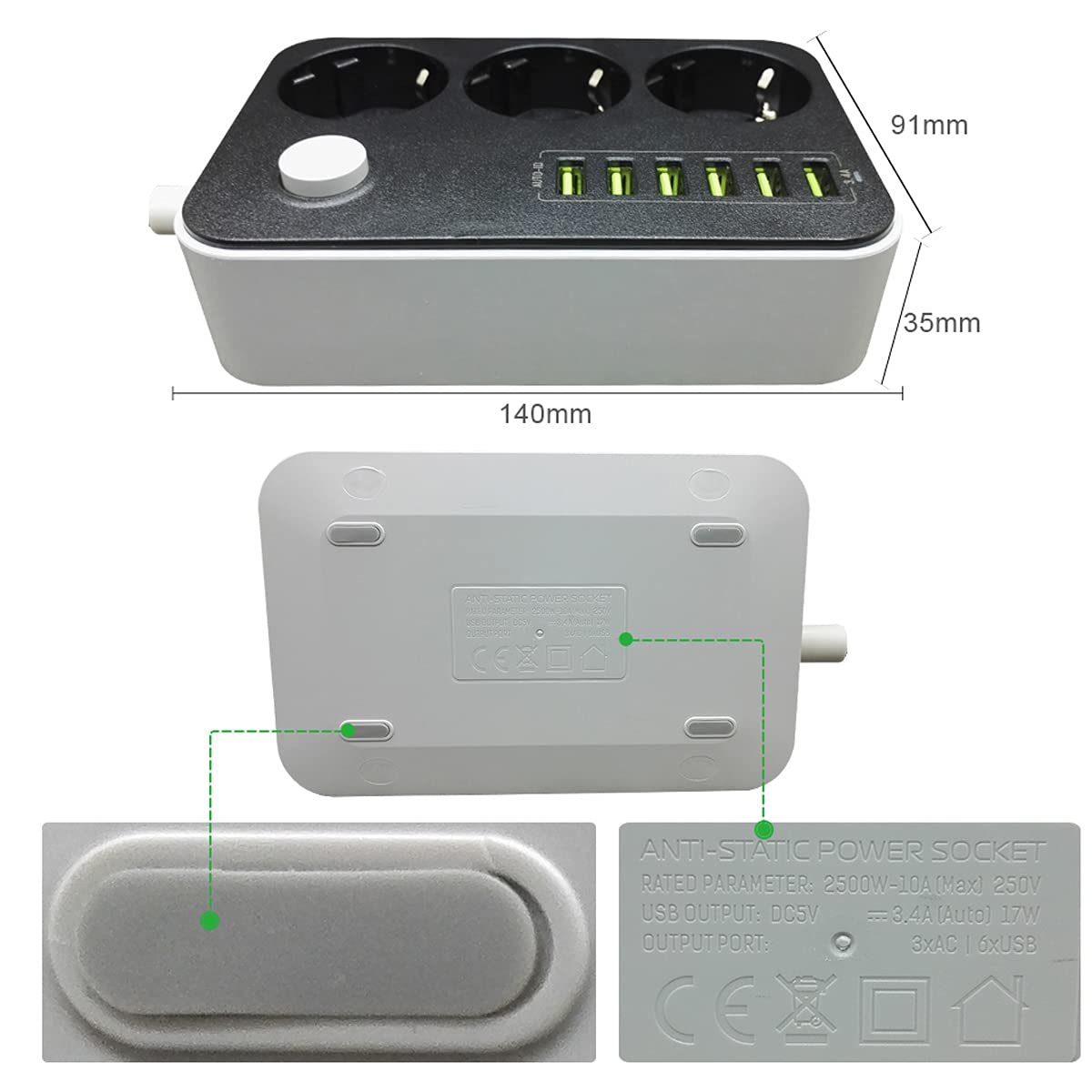 Multipresa, Multipresa Elettrica Con USB Ciabatta Con 3 Prese Elettriche E 6 Porte Di Carica USB Un Interruttore Di Controllo Con Protezione Da Sovraccorrente 2500W 17W 5V 3.4A Cavo 1.6M, Nero-Grigio