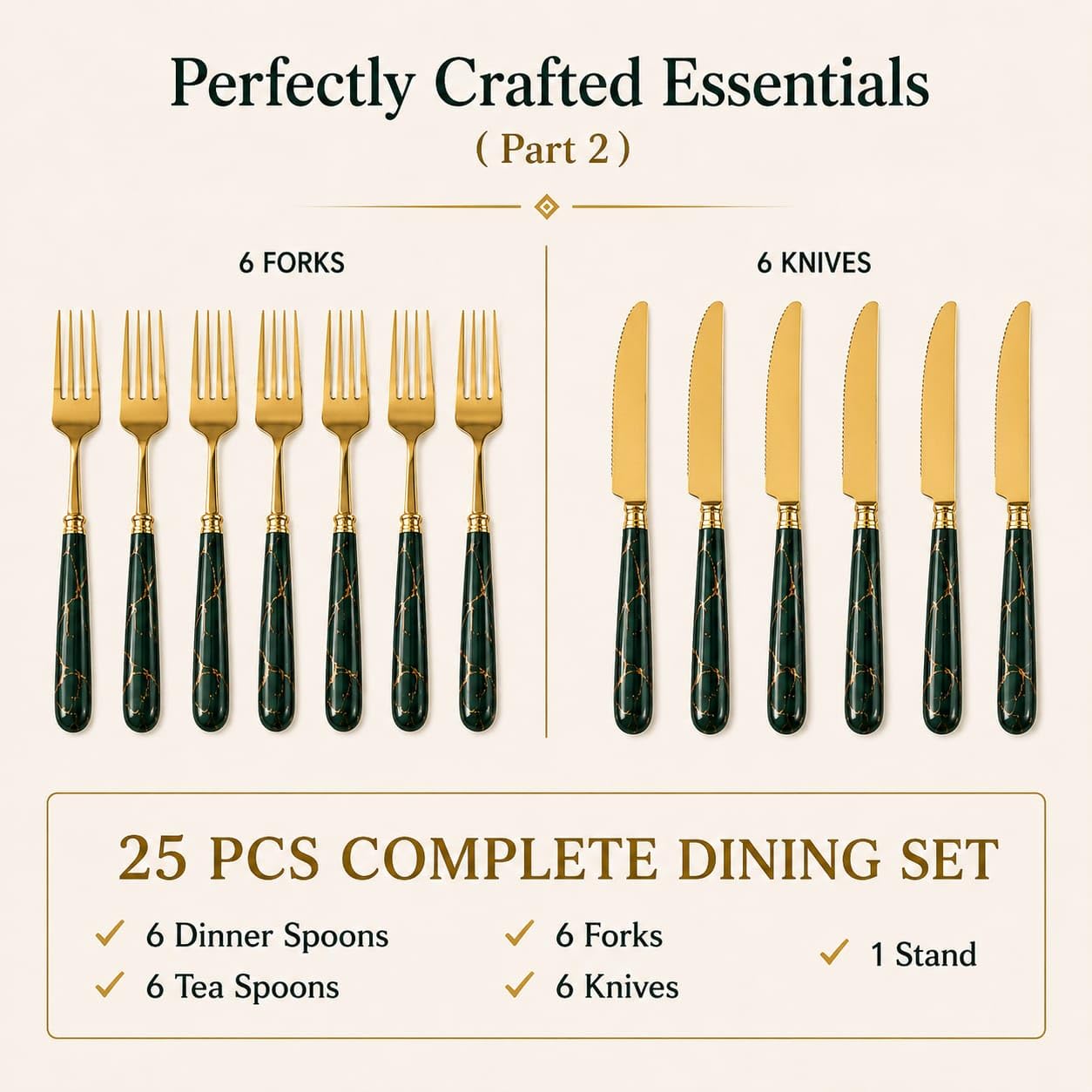 MGeezz Stainless Steel Spoons, Forks & Knives Set of 24 with Stand and Ceramic Handle (Forest Green) 1