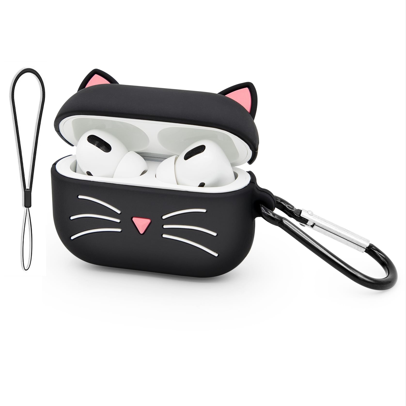 Cute Airpods Pro Case, Black Whisker Cat Kitty Airpods Pro 2 Case, Funny 3D Cartoon Animals Shockproof Soft Silicone Charging Cover with Carabiner & Lanyard for Girls Women