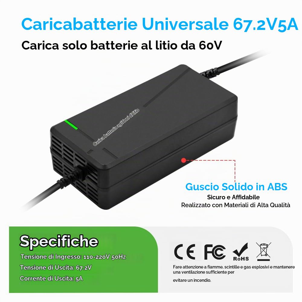 Caricabatterie 67,2 V 5 A con spina 6 in 1 per batteria al litio da 60 V come auto, camion, tosaerba, barche, batterie marine (67,2 V 5 A (spina 6 in 1)