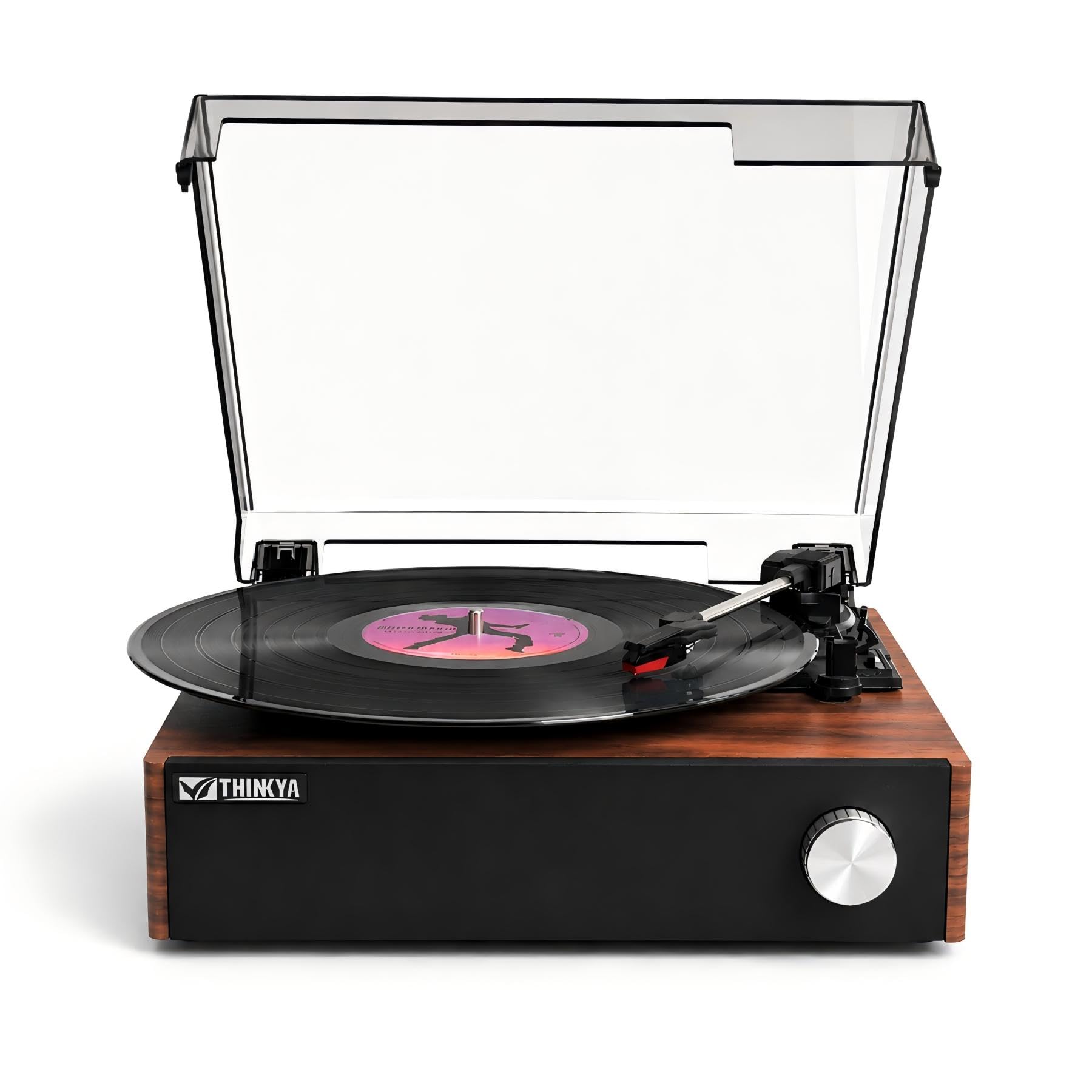 Odtwarzacz płyt winylowych z wbudowanymi głośnikami, gramofon Bluetooth z napędem pasowym Hi-Fi, do płyt winylowych, 3-biegowy odtwarzacz retro vintage z automatycznym zatrzymaniem, stabilne ramię