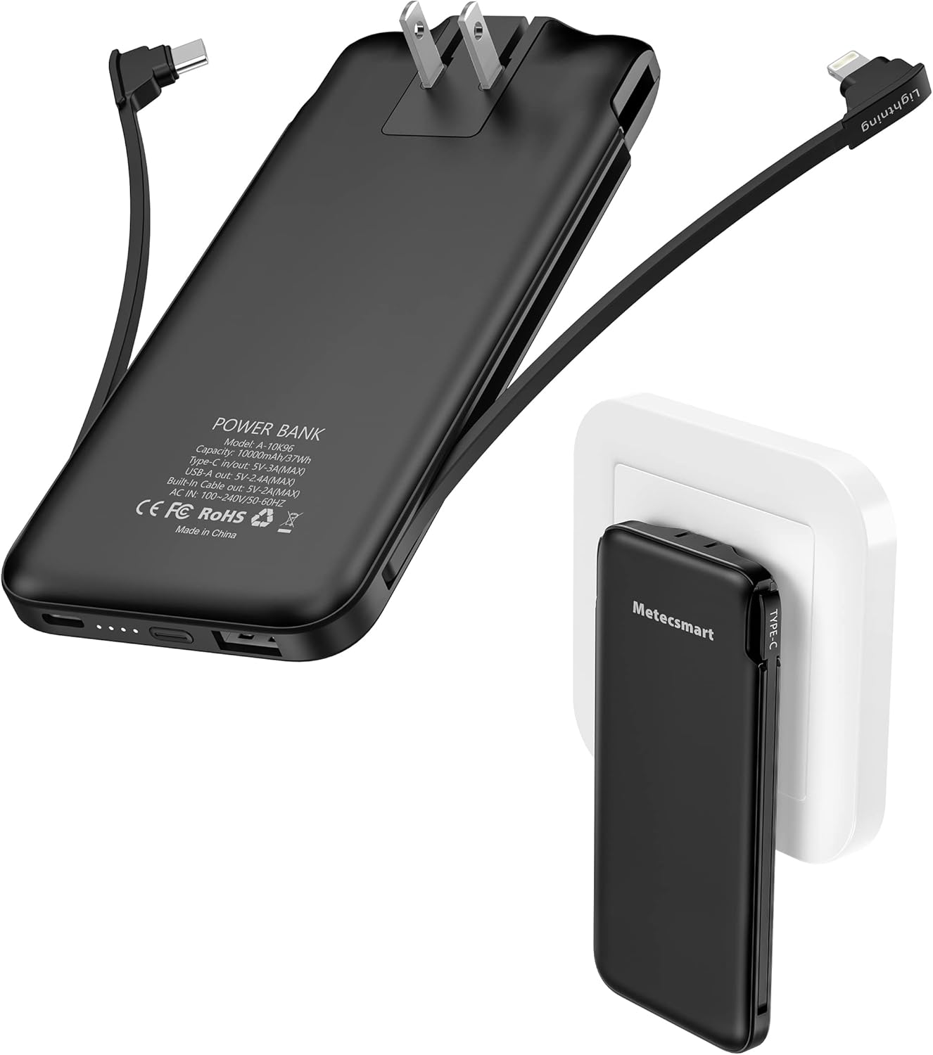 Metecsmart Portable Charger, Power Bank, Built in Cable and AC Wall Plug, 10000mAh