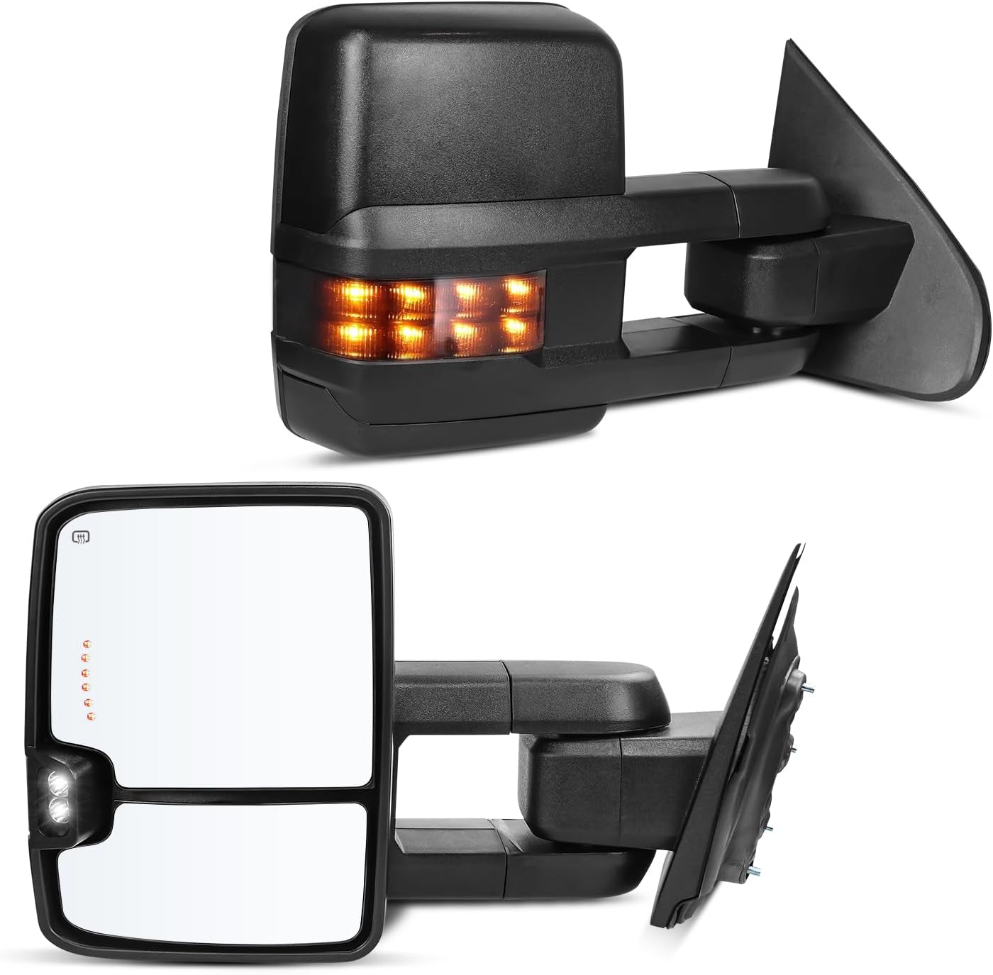 Drive & Paasenger Towing Mirrors - Compatible with 2014-2019 Chevy Silverado GMC Sierra - Power Adjustable Heated Arrow Signal Back Up Lamp Running Light - Black Texture