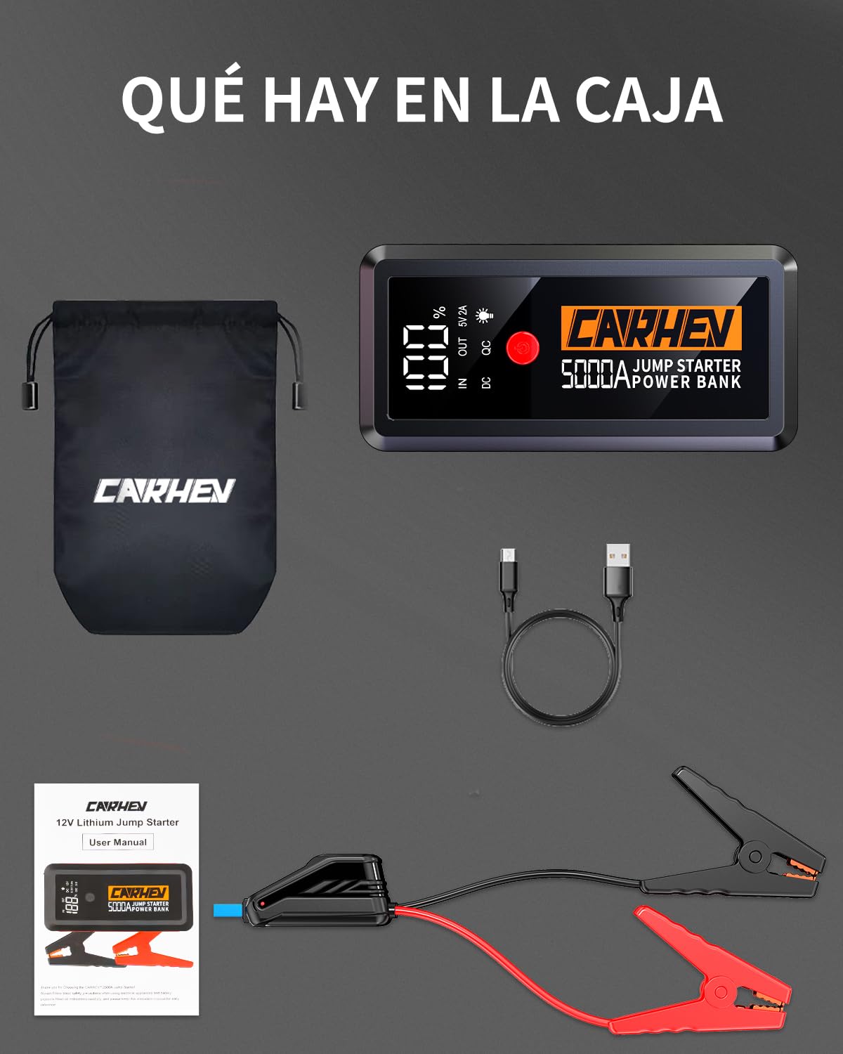CARHEV Arrancador de Coches, 5000A Arrancador de Baterias de Coche (para 8.0L de Gasolina o 8.0L de Diésel) 12V Booster Jump Starter con Pantalla LCD, Linterna LED, Clips de Seguridad Inteligentes