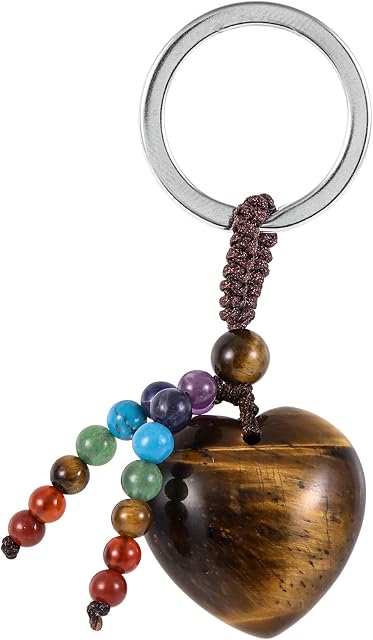 KYEYGWO Crystal Stone Heart-shaped Keychain, 7 Chakra Stone Handmade Keyring Decorative Handbag Charm Lucky Charm for Lanyard Keychain