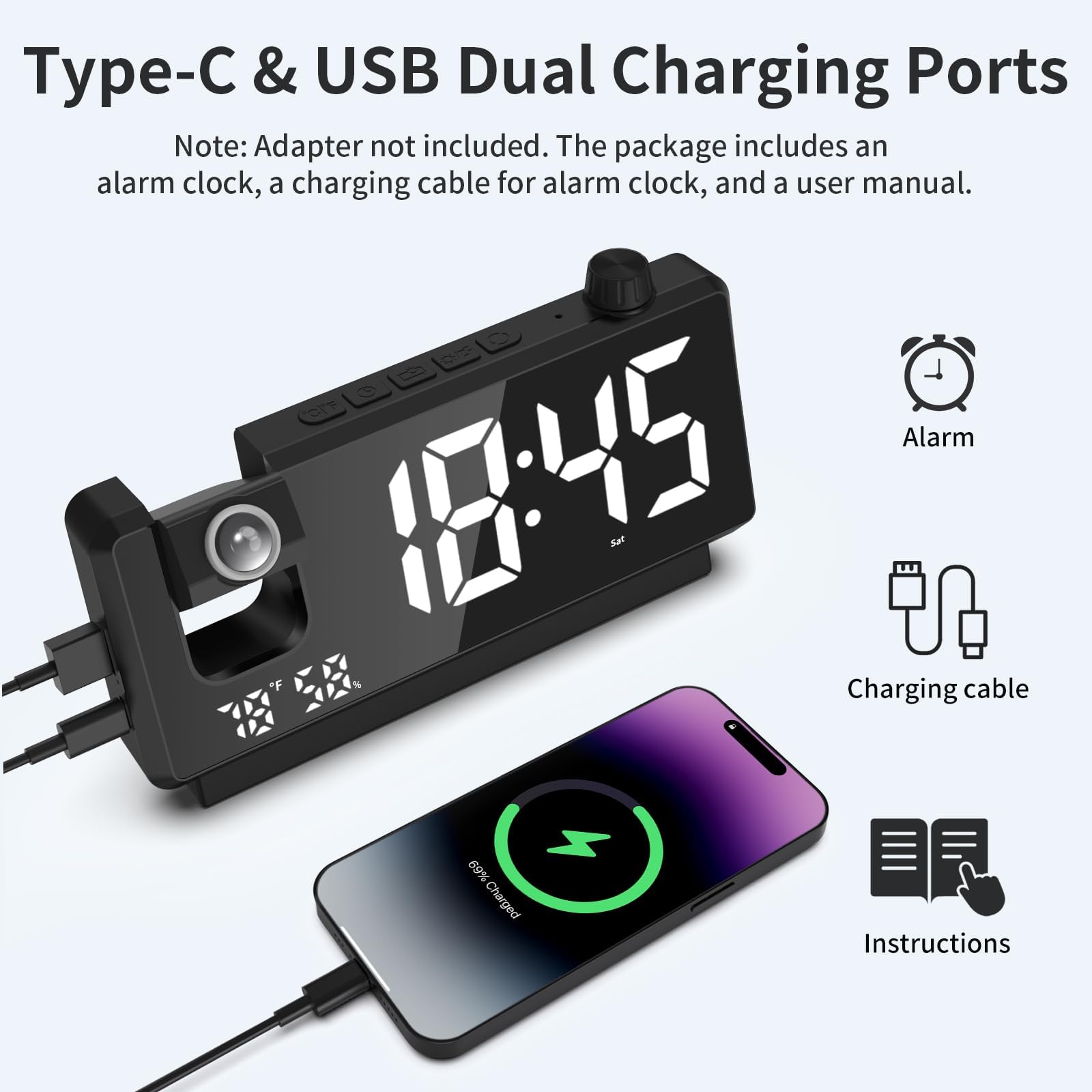 Reloj despertador de proyección para dormitorio, reloj digital de cara de espejo con proyector de 180° en la pared del techo, regulador de intensidad de 3 niveles, puertos de carga USB, alarma dual