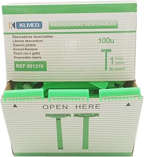 KLMED Pack de 100 Maquinillas de Afeitar Desechables de una Hoja - Cuchillas de Rasurar de Precisión para Uso Sanitario, Clínico y Profesional - Higiénicas y con Capuchón de Seguridad - Color verde
