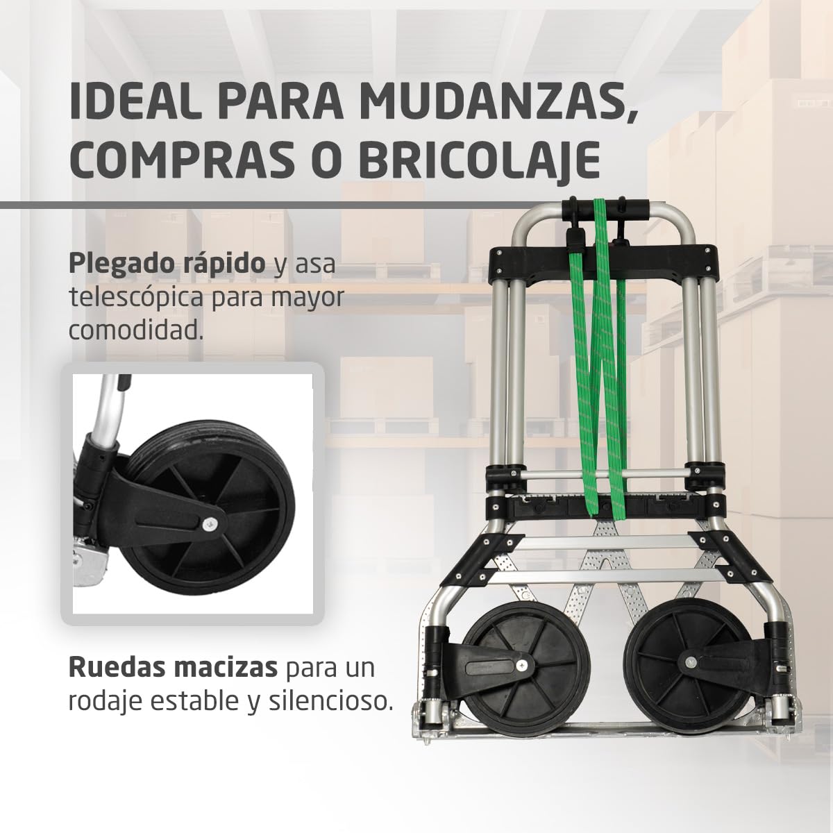 Amig - Carretilla Plegable de Aluminio - Capacidad 80 kg - Resistente y práctica - Ruedas Ø17 cm - Ideal para mudanzas y Carga - Mod. 60