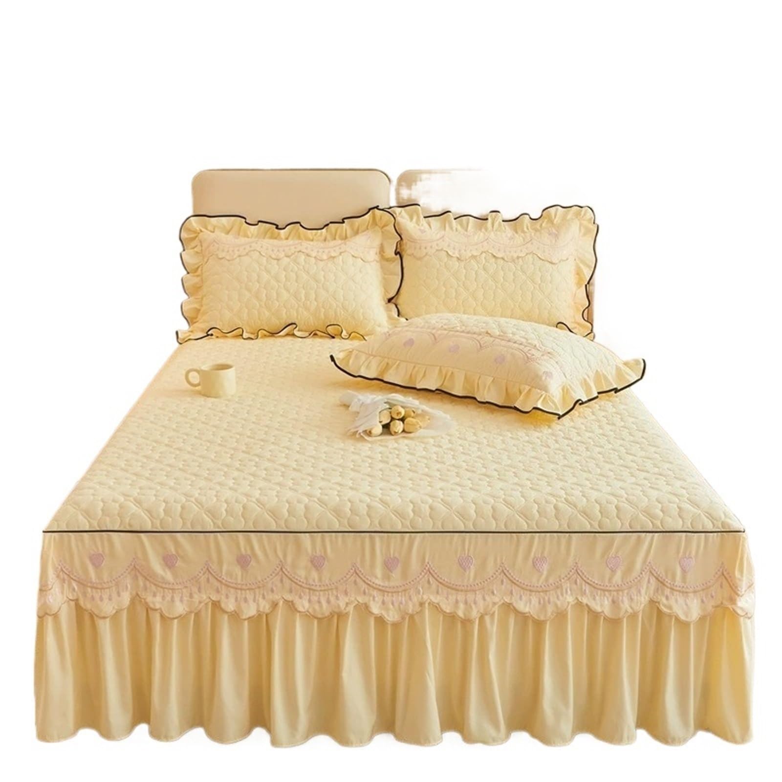 Ruffled Bedspread Quilted Bed Skirt Thick Clip Cotton Bedspread Skin-friendly Breathable Mattress Protector With Strap For Bedroom(Beige,1PC-150x200cm)