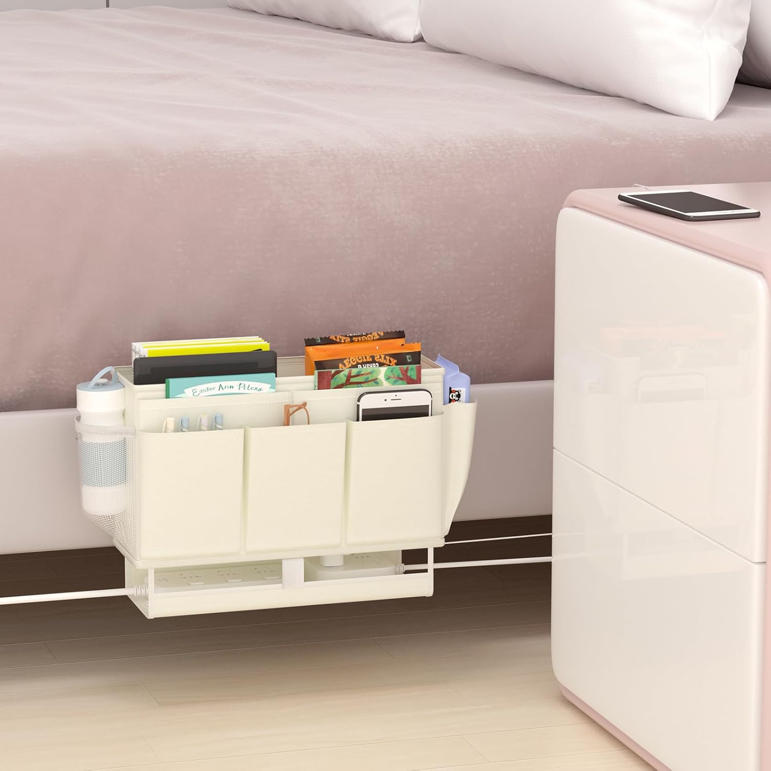 Bedside Caddy Bedside Organizer,Bed Caddy with 11 Pockets and Power Strip Holder,Versatile Bedside Storage Caddy for Home,Dorm,Bunk,Hospital,Crib Bed (White) - Image 8