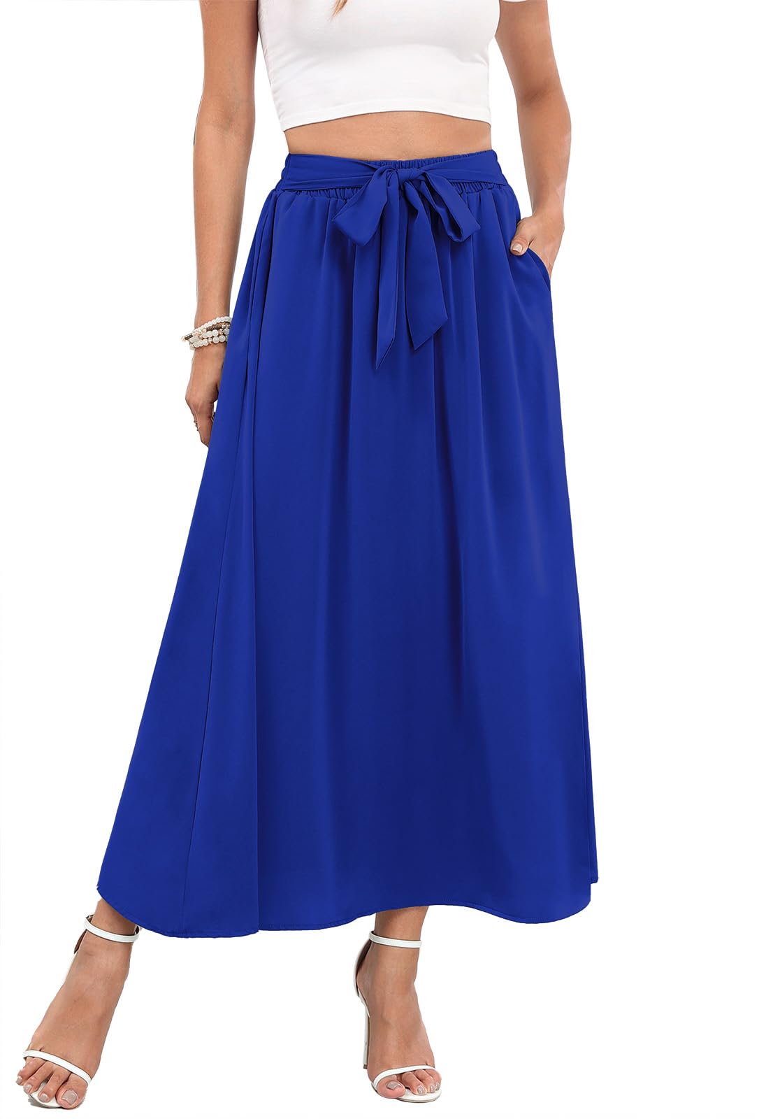 Askyes Womens Maxi Skirt Summer Trendy Tie Knot Elastic High Waisted Boho Casual Beach Flowy Swing Long Skirts with Pockets